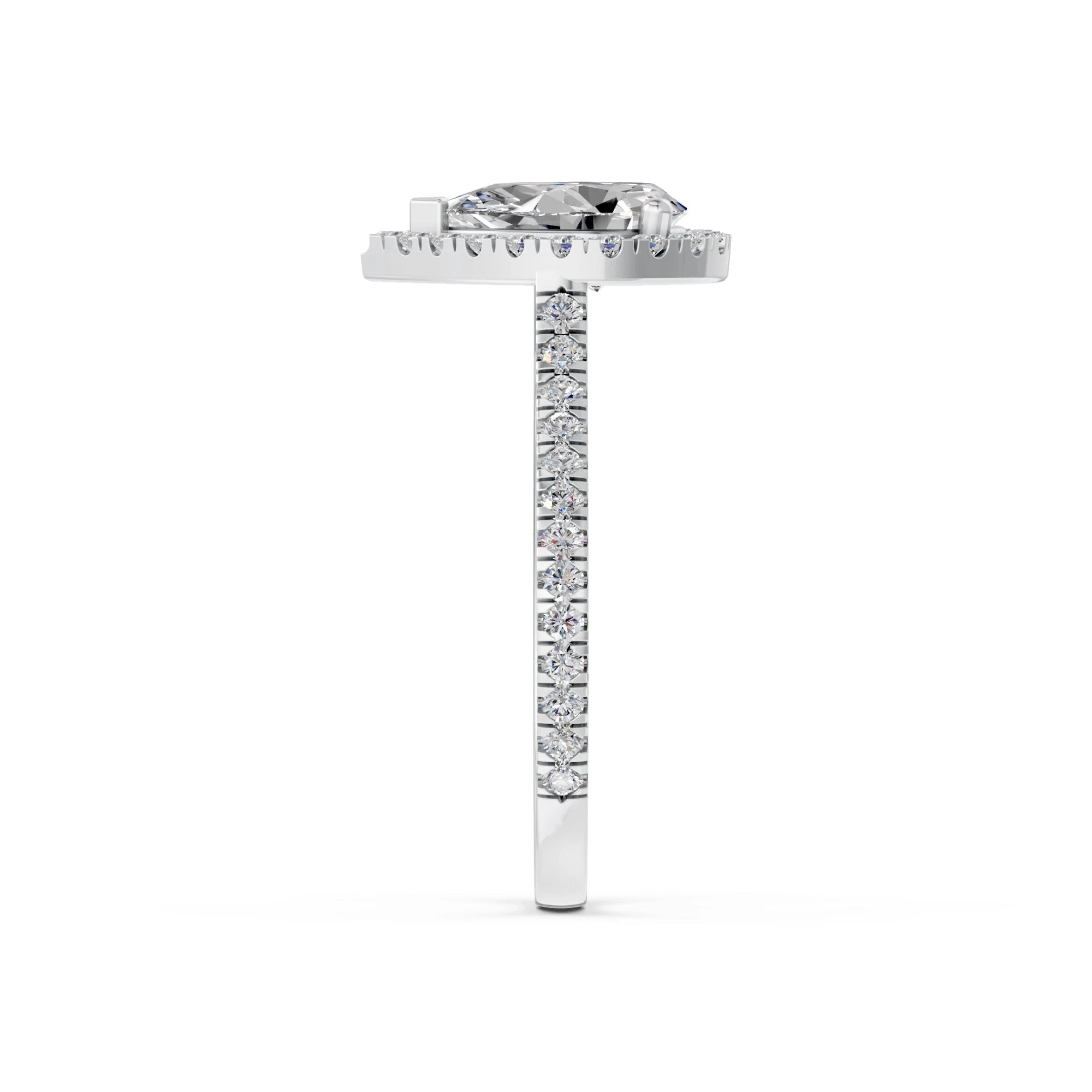 Peervormige halo verlovingsring met pavé band · 2.0 ct.