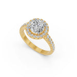 Ronde halo verlovingsring met pavé band · 1.5 ct.