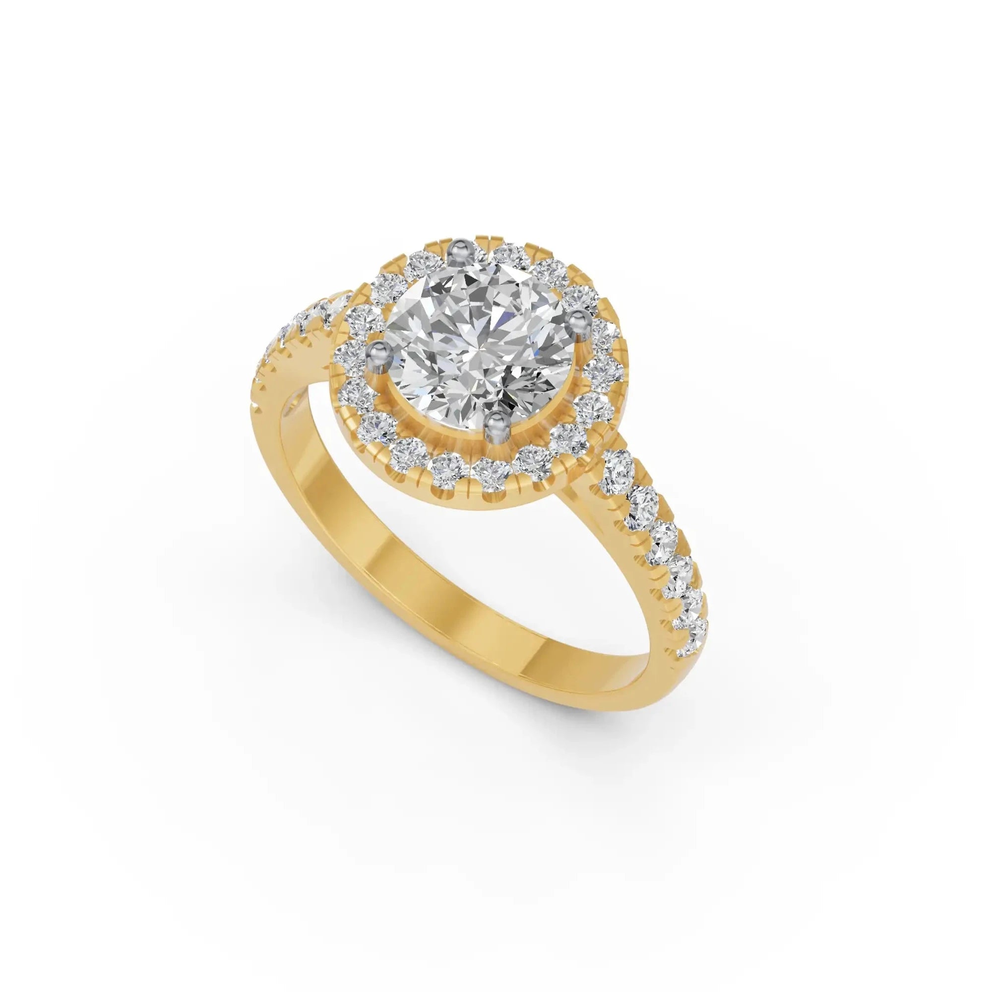 Ronde halo verlovingsring met pavé band · 1.5 ct.