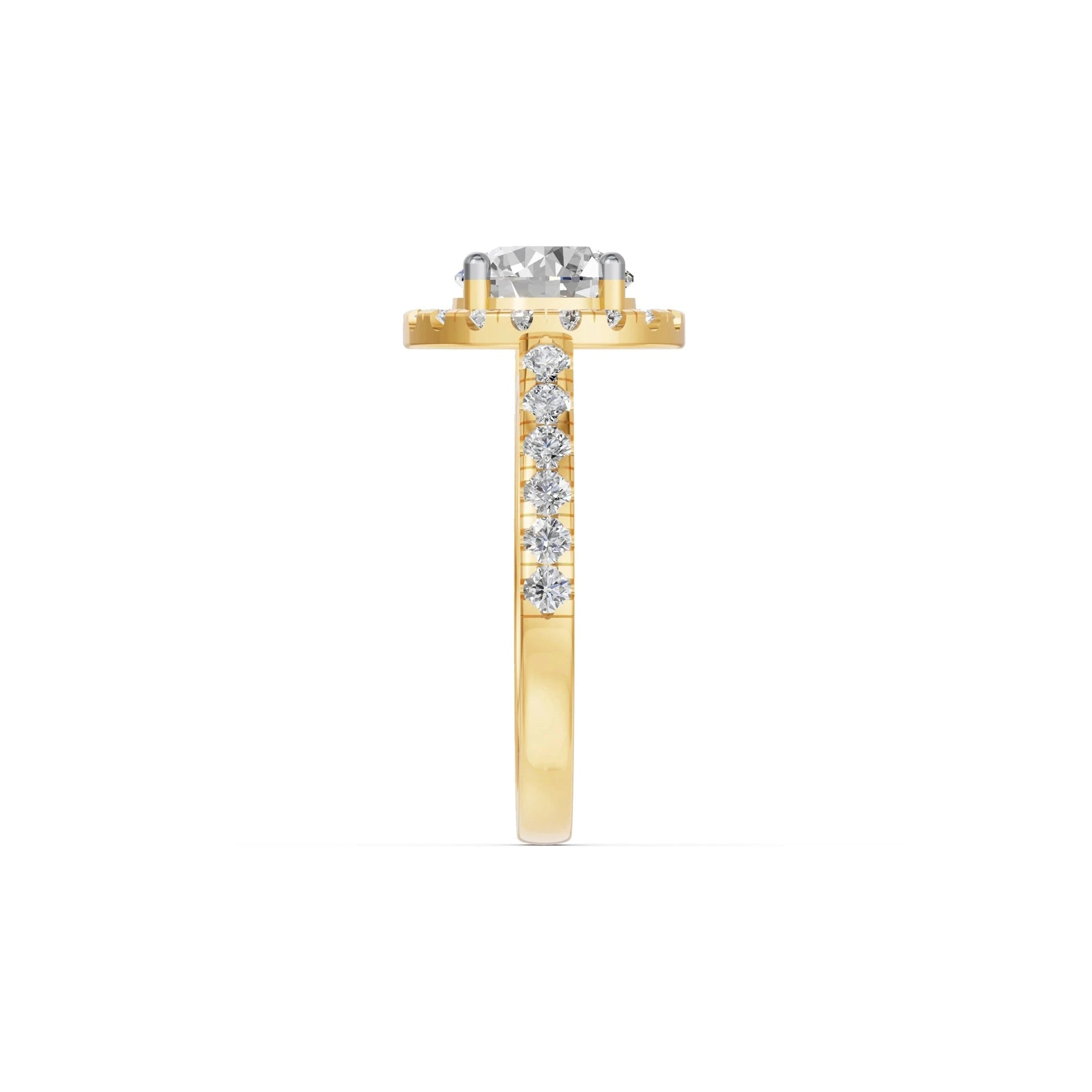 Ronde halo verlovingsring met pavé band · 1.5 ct.