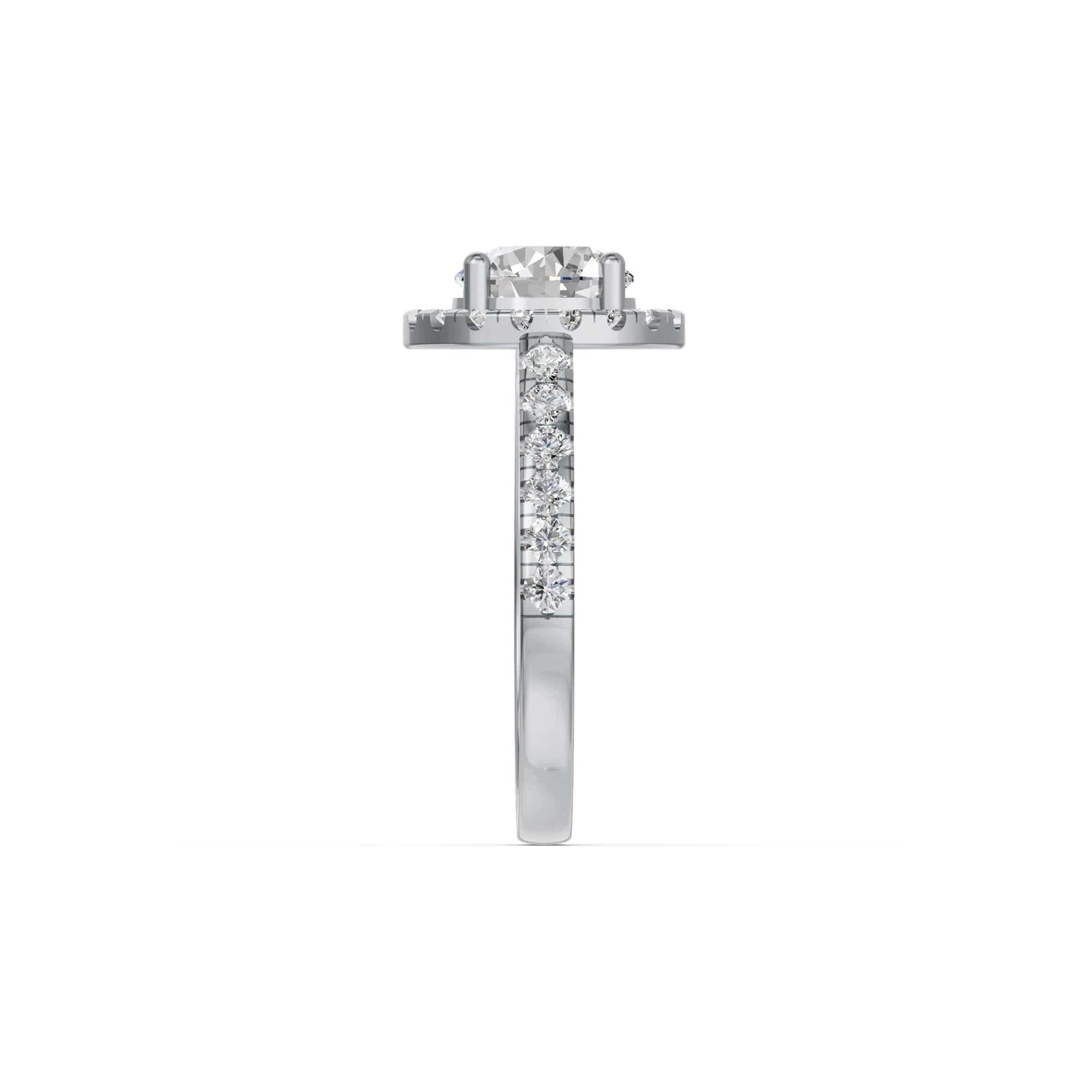 Ronde halo verlovingsring met pavé band · 1.5 ct.