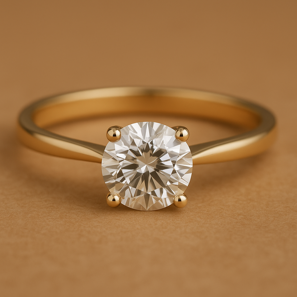 14k gouden 1 ct ring met lab‑grown diamant; focus op materiaal en afwerking