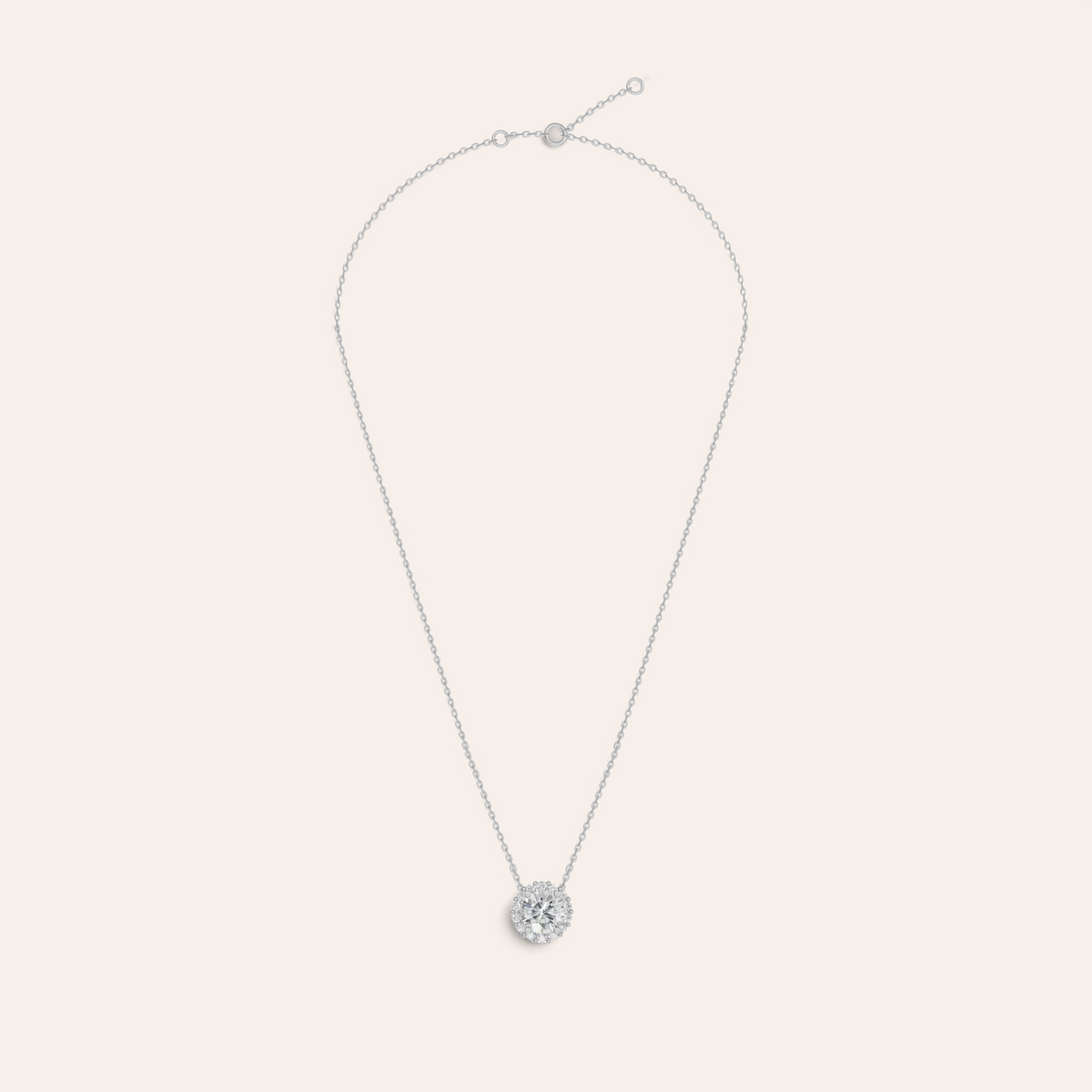 Louèn Diamonds Halo collier van 14k witgoud met een ronde 1.8 ct diamant omringd door een halo van kleine steentjes.