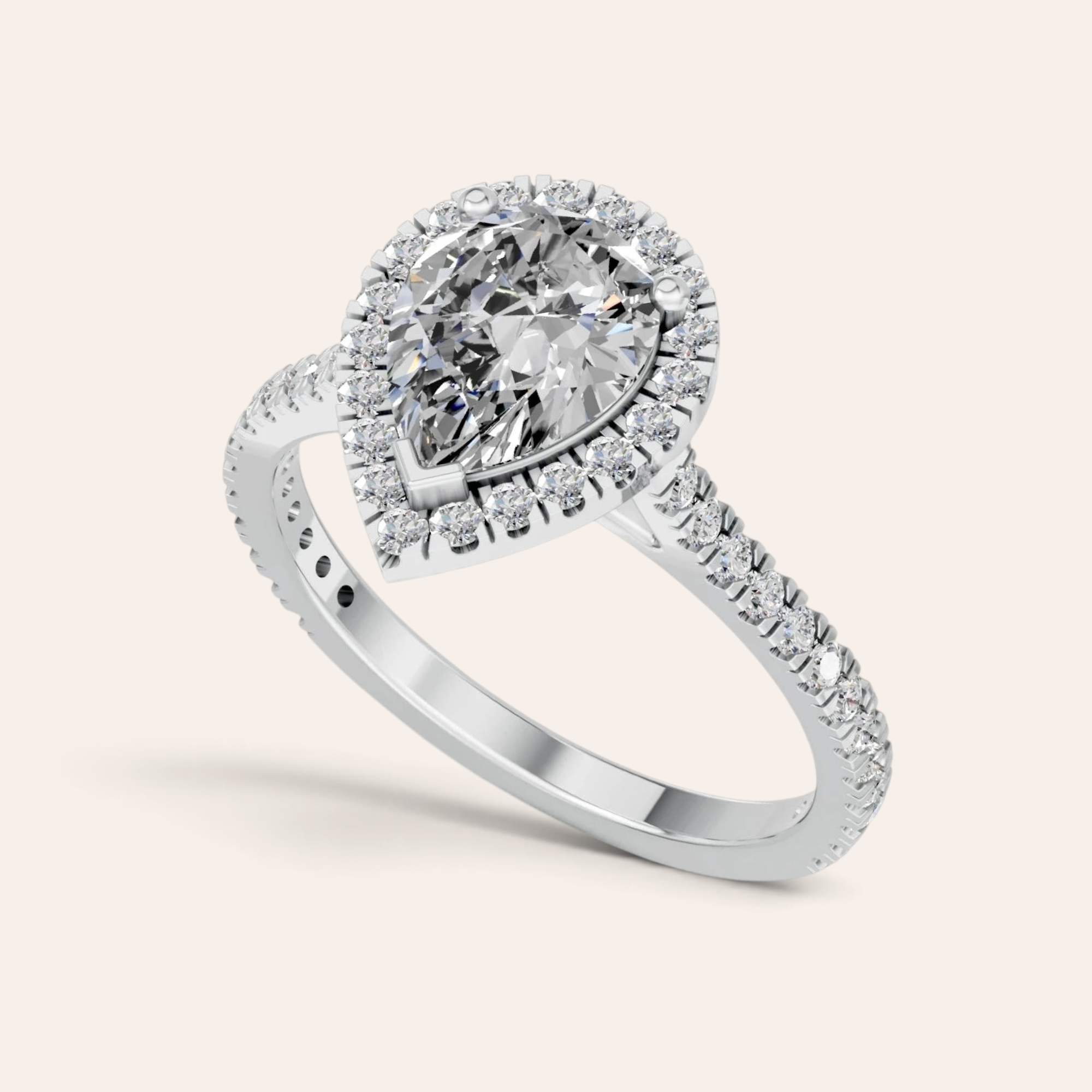 Louèn Diamonds peervormige halo verlovingsring van 14k witgoud met 2.0 ct lab grown diamant en pavé gezette band.