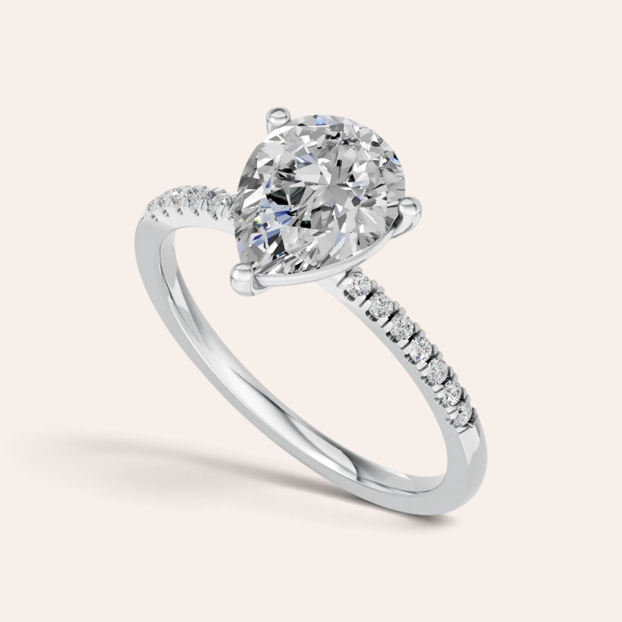 Louèn Diamonds peervormige solitaire verlovingsring van 14k witgoud met pavé gezette diamanten band
