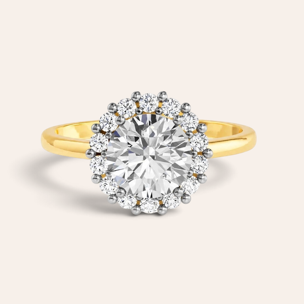 Louèn Diamonds ronde halo verlovingsring van 14k geelgoud met een 1.75 ct lab grown diamant in een verfijnde zetting.