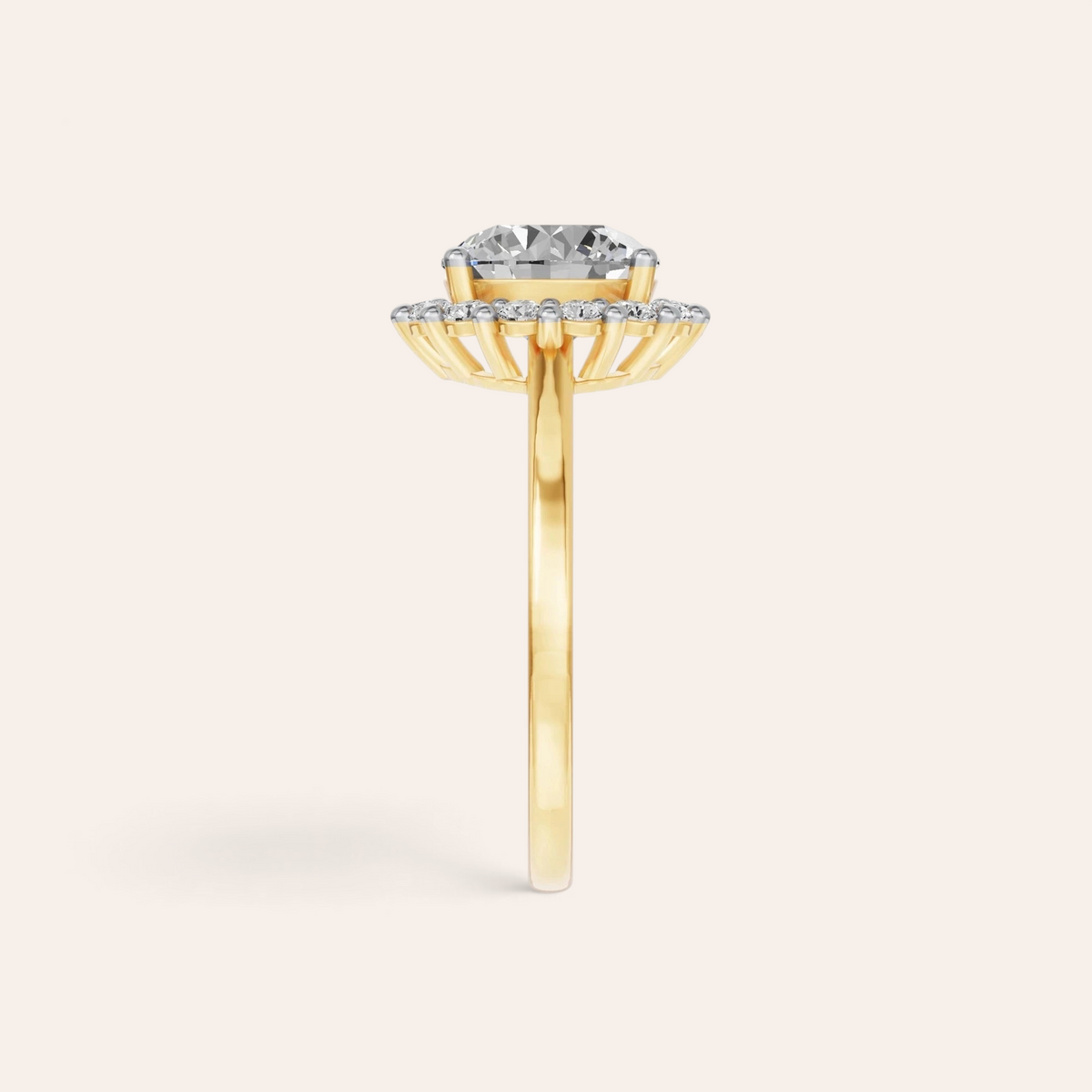 Louèn Diamonds ronde halo verlovingsring van 14k geelgoud met 1.75 ct lab grown diamant, zijaanzicht