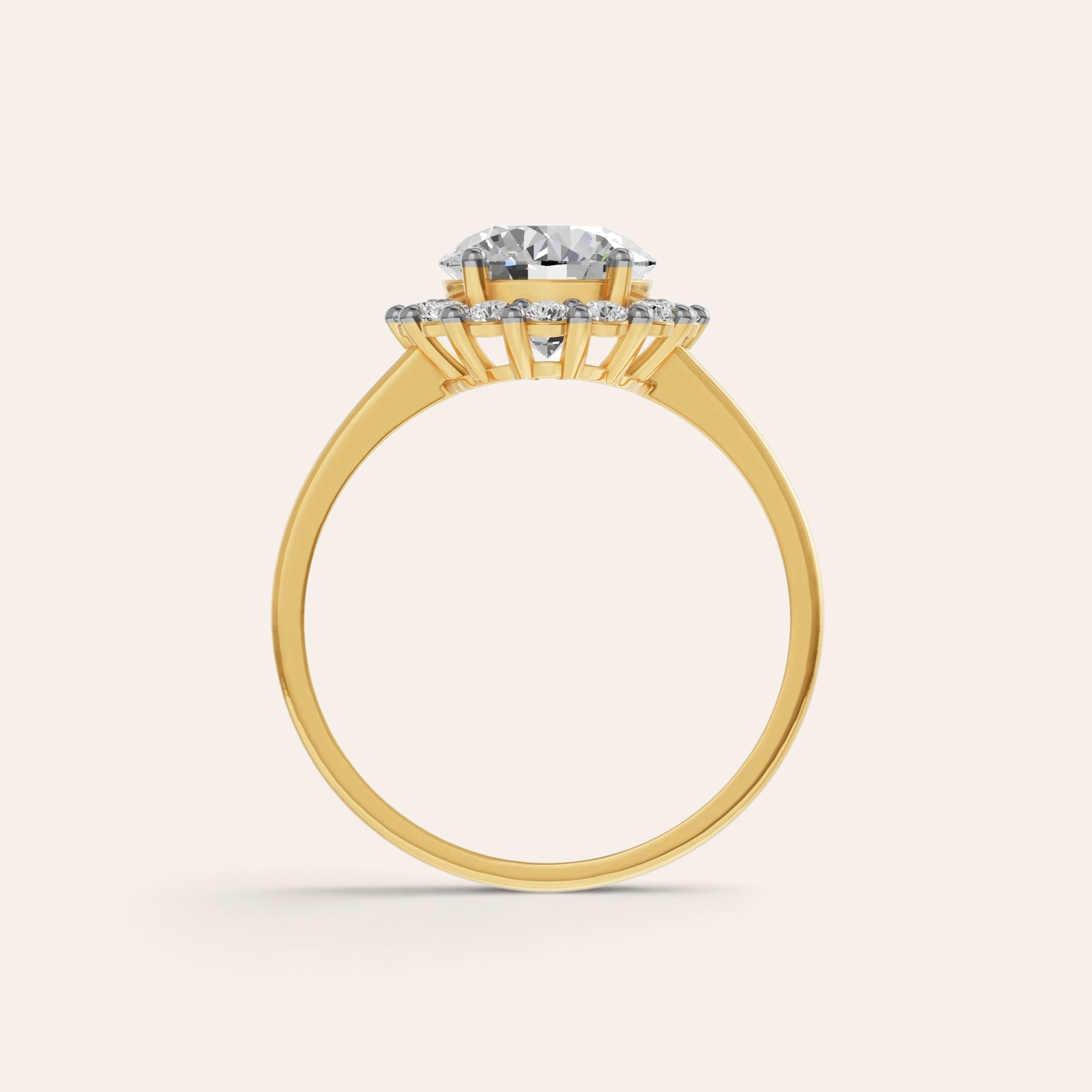 Louèn Diamonds ronde halo verlovingsring van 14k geelgoud met een 1.75 ct lab grown diamant, zijaanzicht.