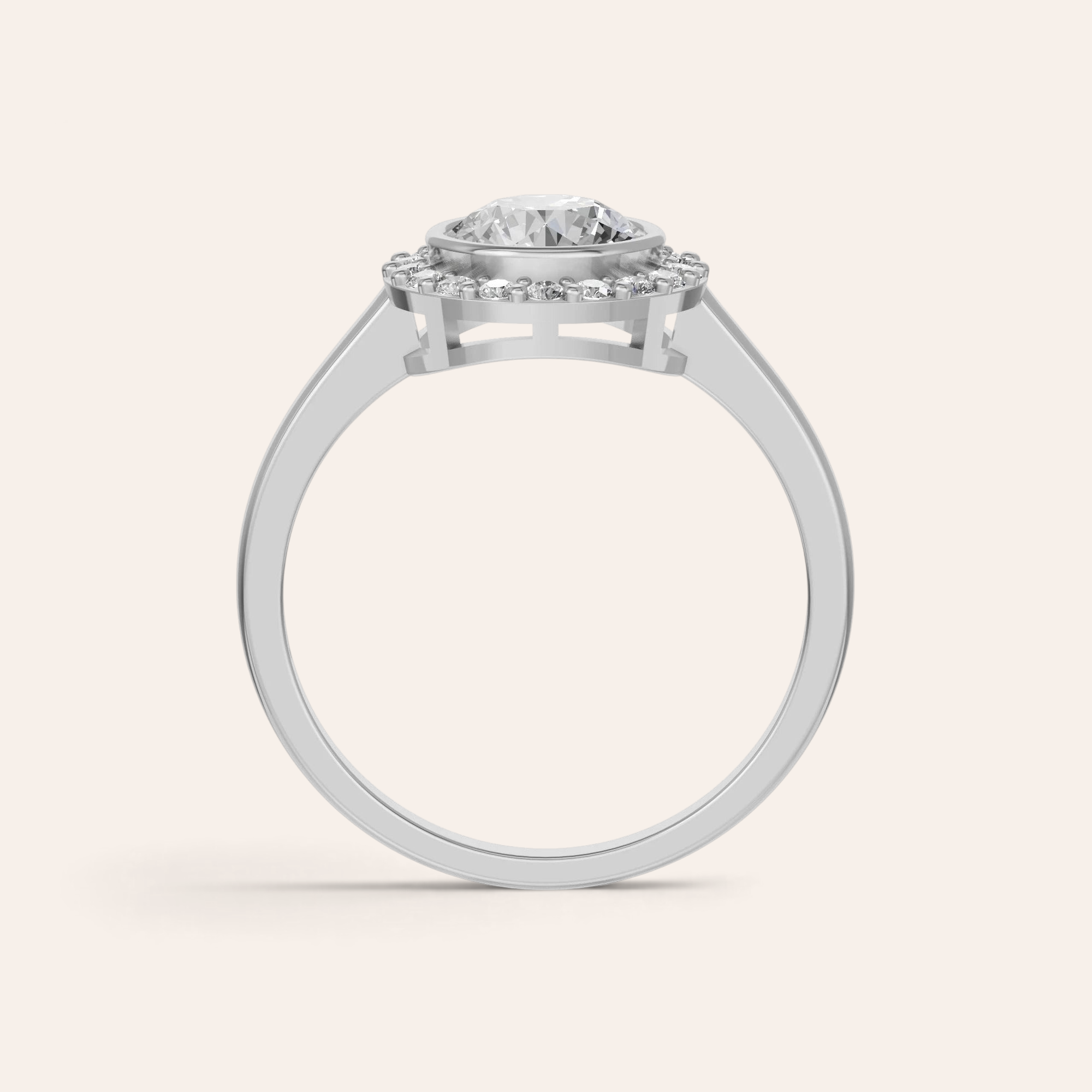 Louèn Diamonds ronde halo verlovingsring van 14k witgoud met een 1.5 ct lab grown diamant in zijaanzicht.