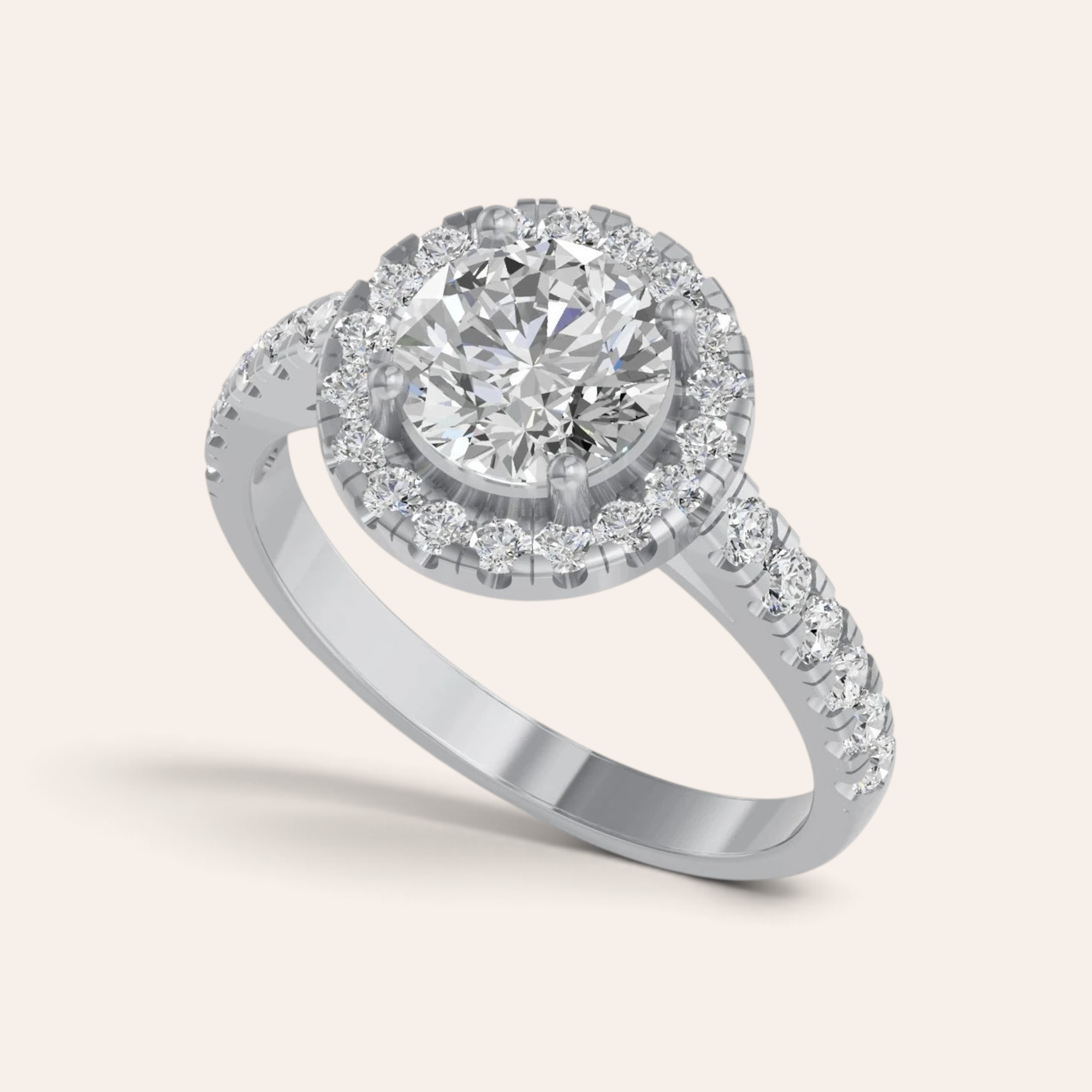 Louèn Diamonds ronde halo verlovingsring van witgoud met 1.5 karaat centrale diamant en pavé gezette diamanten band.