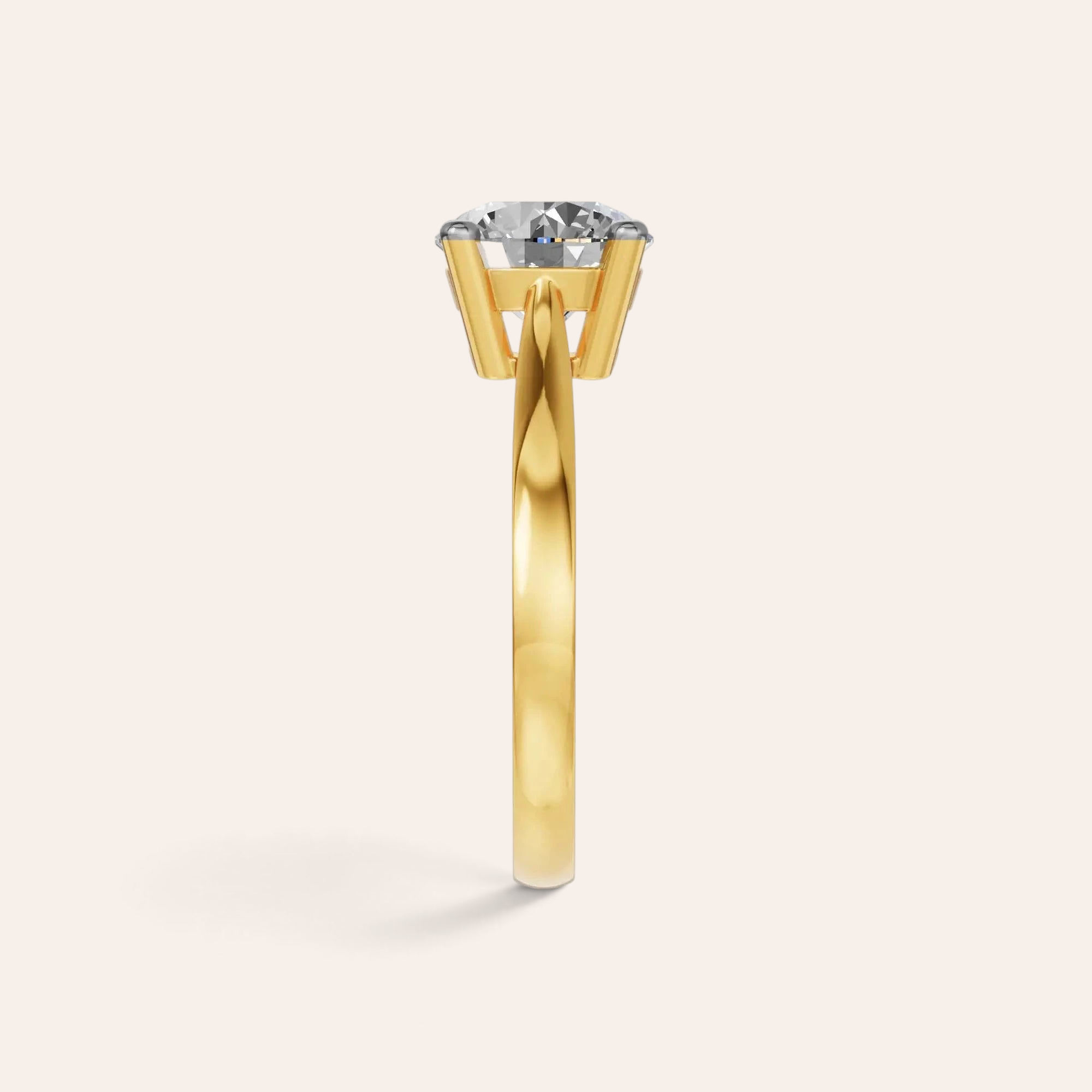 Louèn Diamonds solitaire verlovingsring met 2.0 karaat ronde diamant in 14k geelgoud, zijaanzicht.