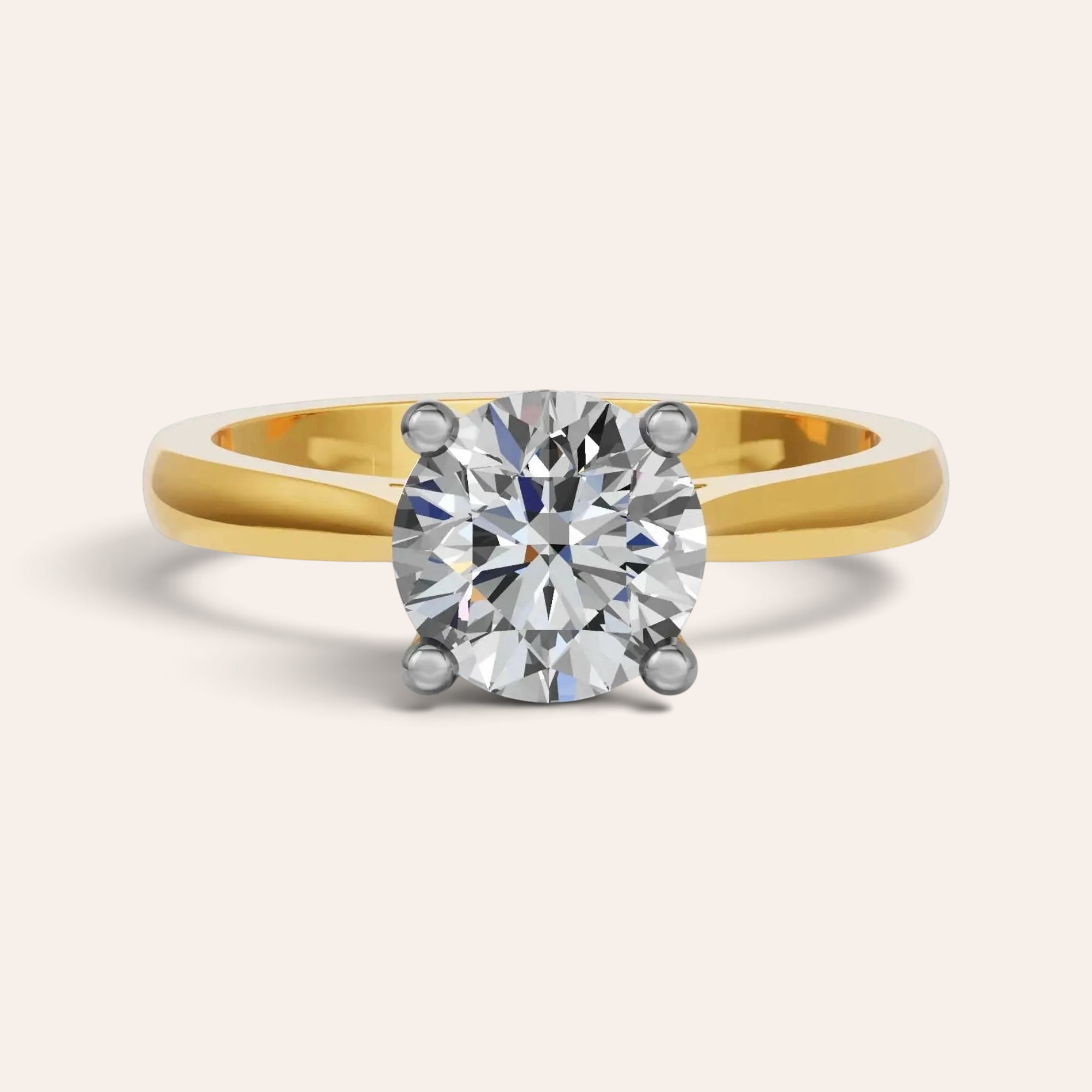 Louèn Diamonds ronde solitaire verlovingsring met 2.0 karaat diamant in 14k geelgoud op een lichte achtergrond.