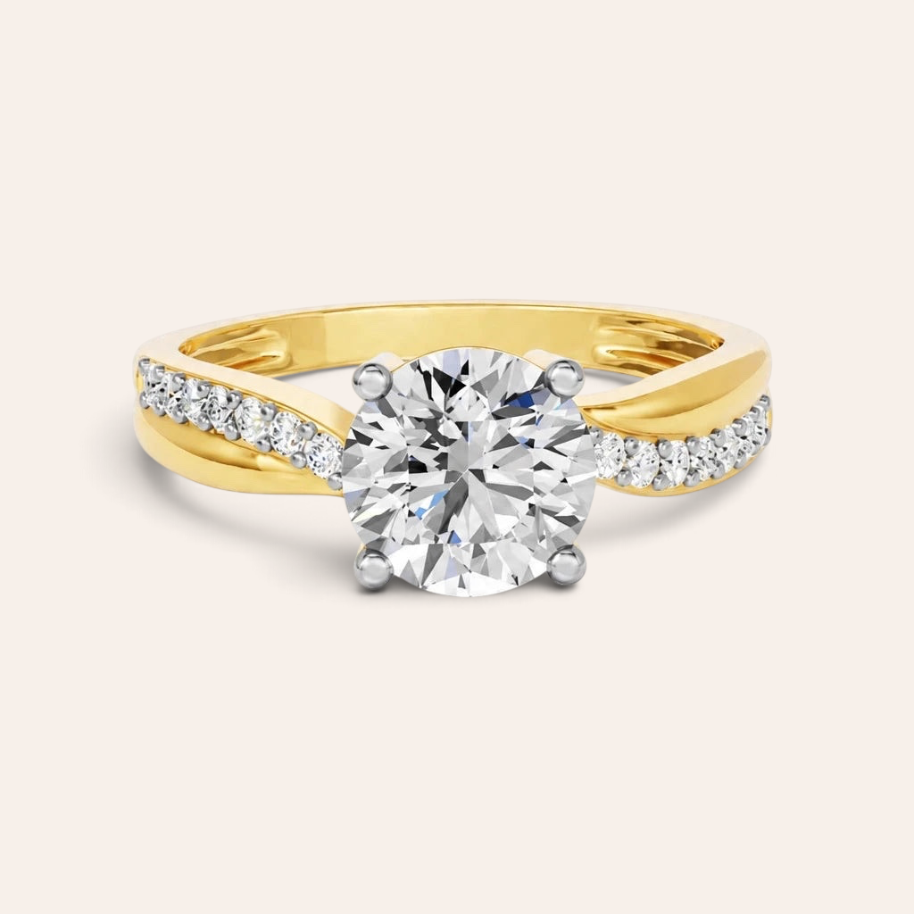 Louèn Diamonds solitaire verlovingsring met 2.0 ct ronde lab grown diamant en pavé band in 14k geelgoud.