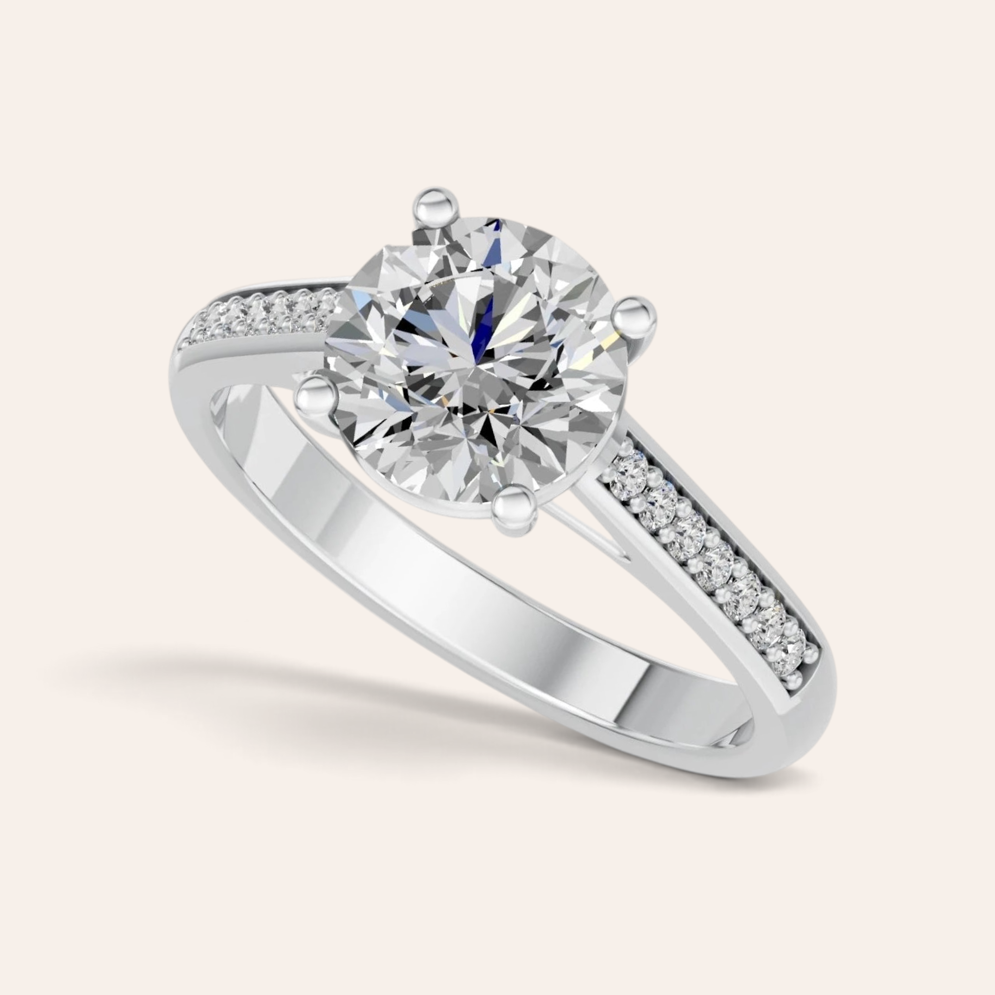 Louèn Diamonds ronde solitaire verlovingsring met 2.0 karaat lab-grown diamant en pavé gezette band in 14 karaat goud