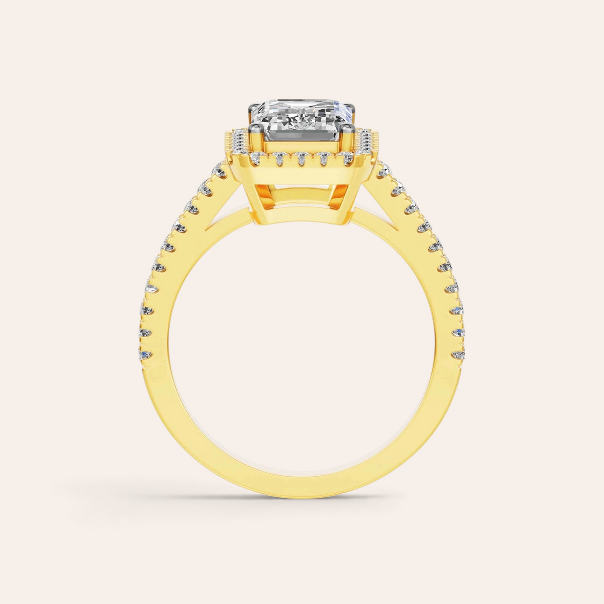 Louèn Diamonds 14k geelgouden verlovingsring met 2.0 ct smaragd geslepen lab grown diamant en halo zetting