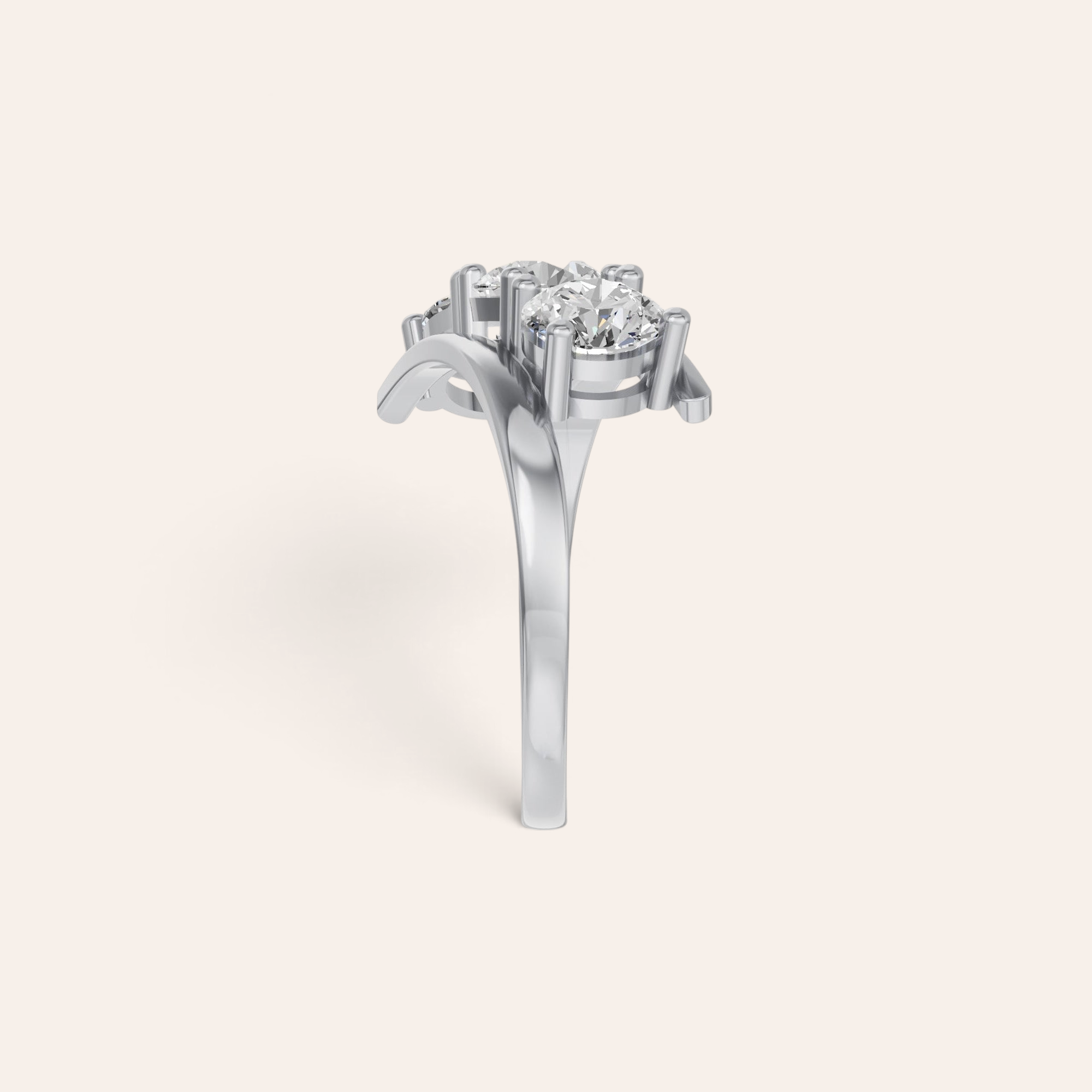 Louèn Diamonds trilogie verlovingsring met drie ronde diamanten in 14k witgoud, zijaanzicht.