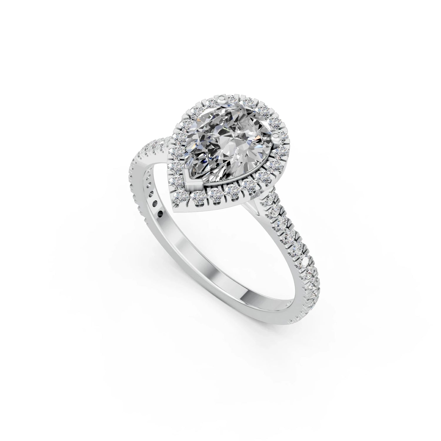 Peervormige halo verlovingsring met pavé band · 2.0 ct.