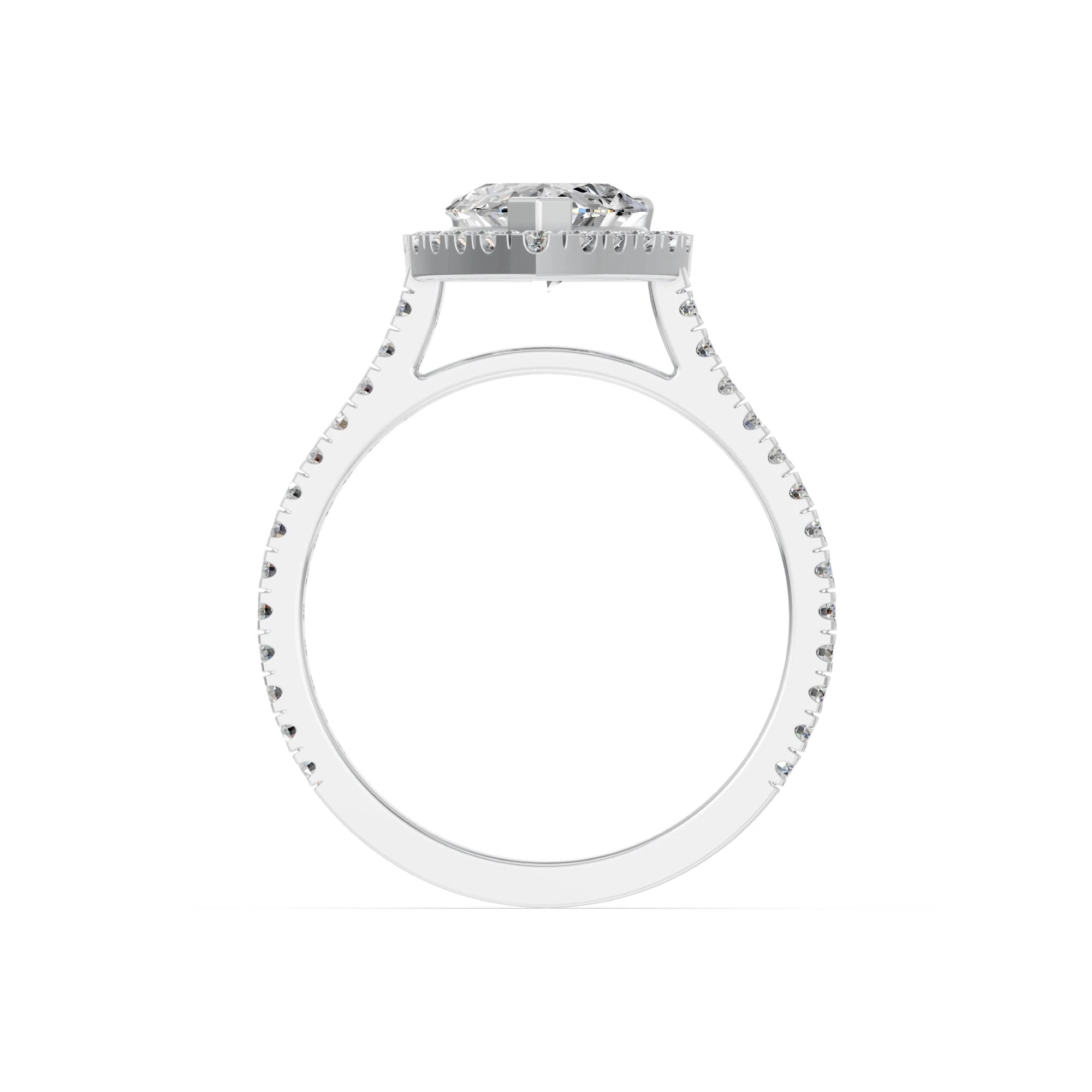 Peervormige halo verlovingsring met pavé band · 2.0 ct.