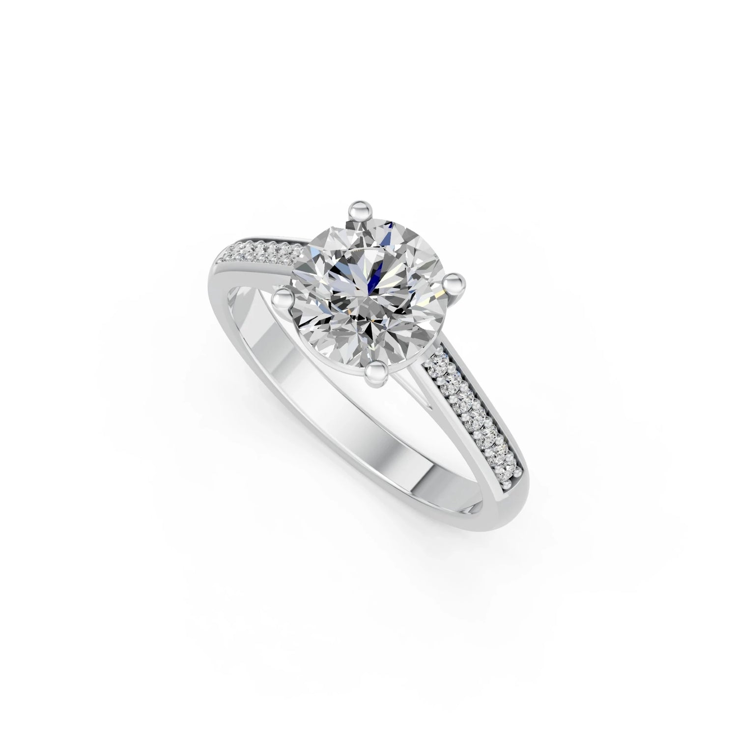 Ronde solitaire verlovingsring met pavé band · 2.0 ct.