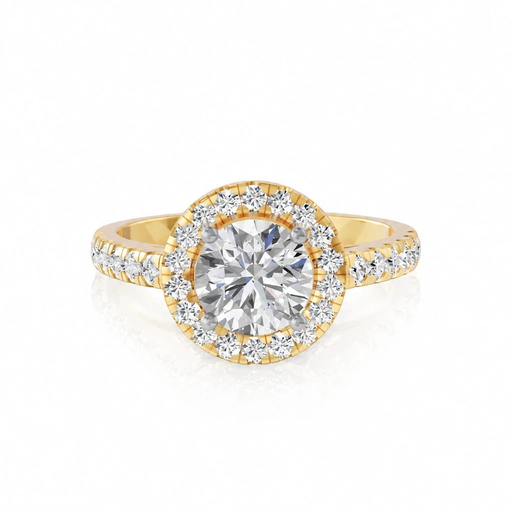 Ronde halo verlovingsring met pavé band · 1.5 ct.