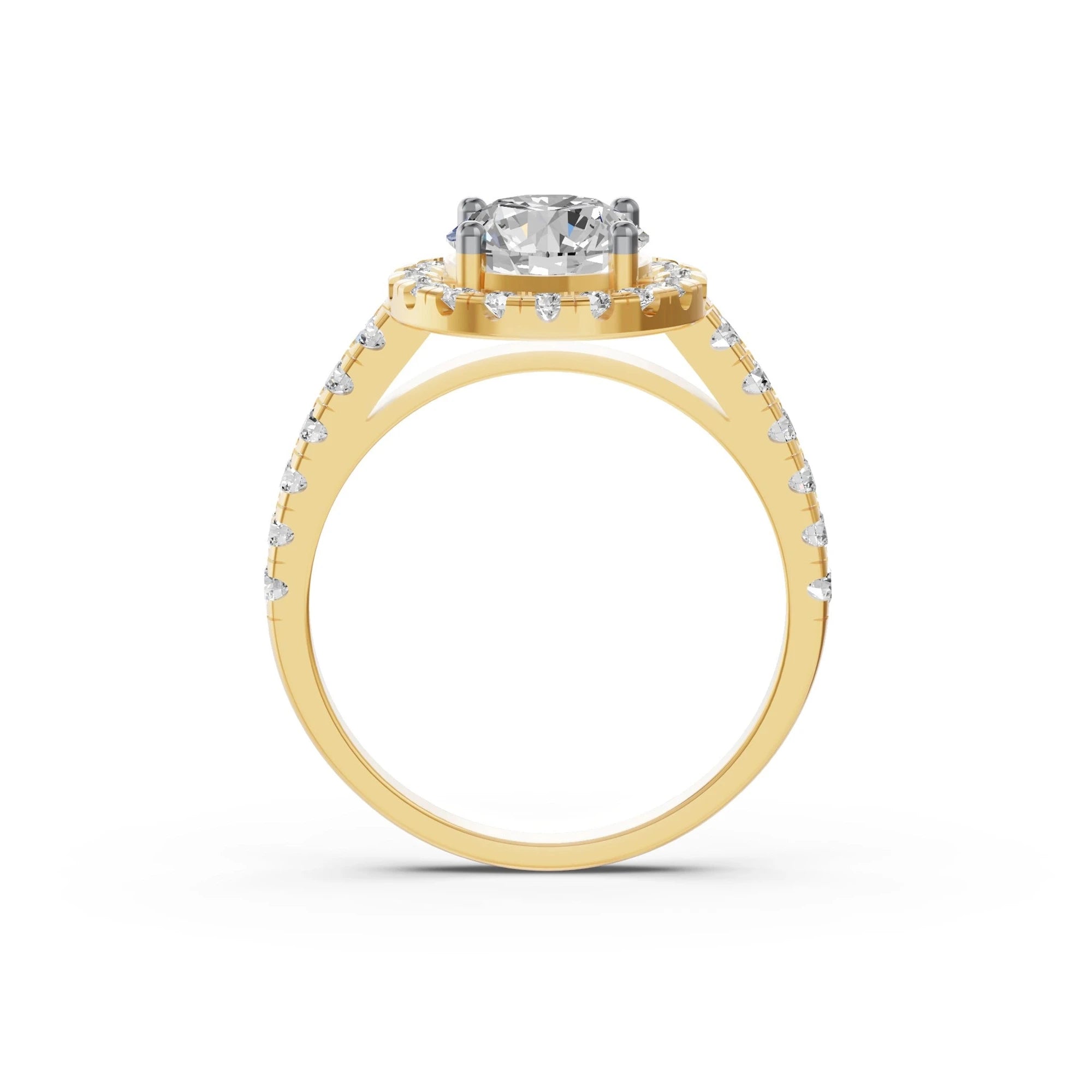 Ronde halo verlovingsring met pavé band · 1.5 ct.