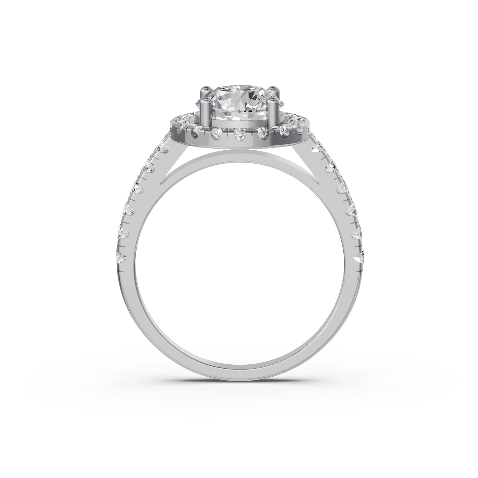 Ronde halo verlovingsring met pavé band · 1.5 ct.