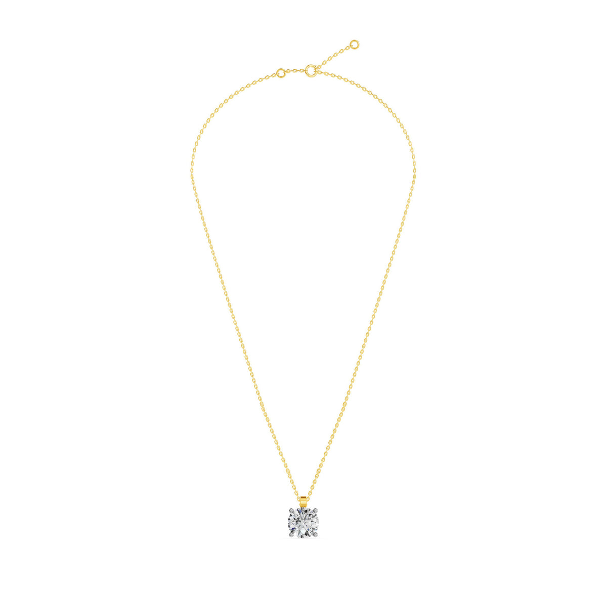 Geelgouden solitaire collier 2.2 ct lab-grown diamant, frontaal en geheel op witte achtergrond