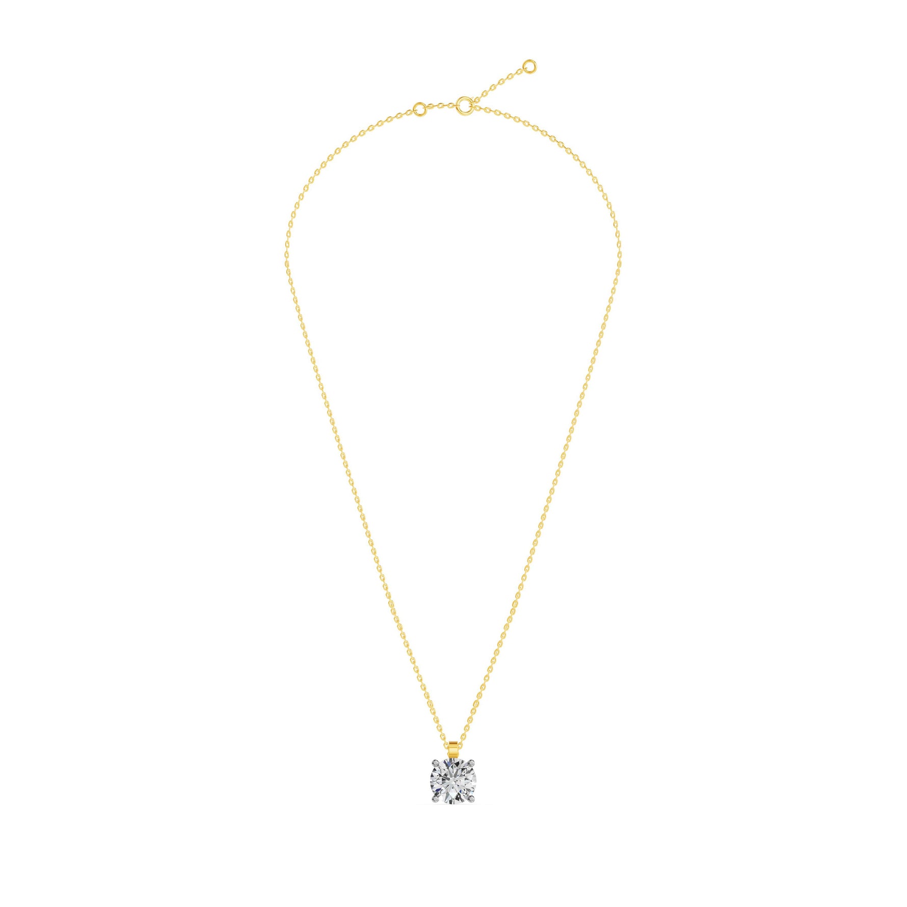 Geelgouden solitaire collier 2.2 ct lab-grown diamant, frontaal en geheel op witte achtergrond