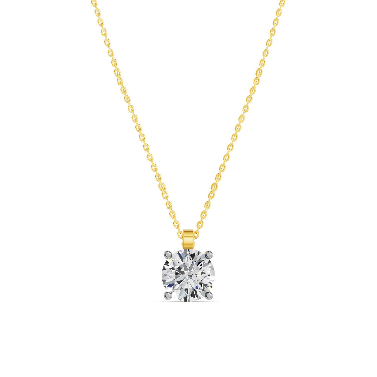 Geelgouden solitaire collier 2.2 ct lab-grown diamant, frontaal op witte achtergrond