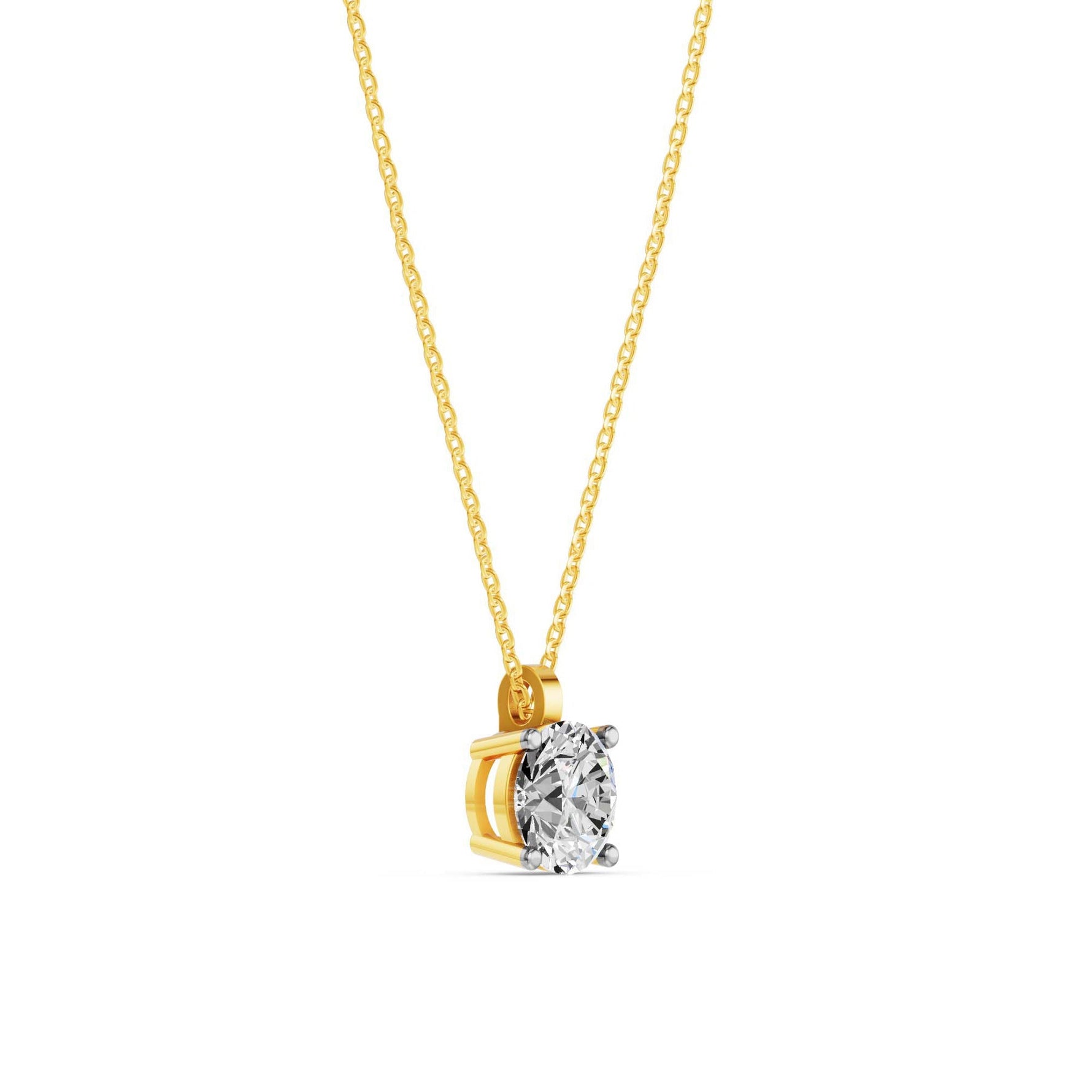 Geelgouden solitaire collier 2.2 ct lab-grown diamant, schuin op diamant op witte achtergrond