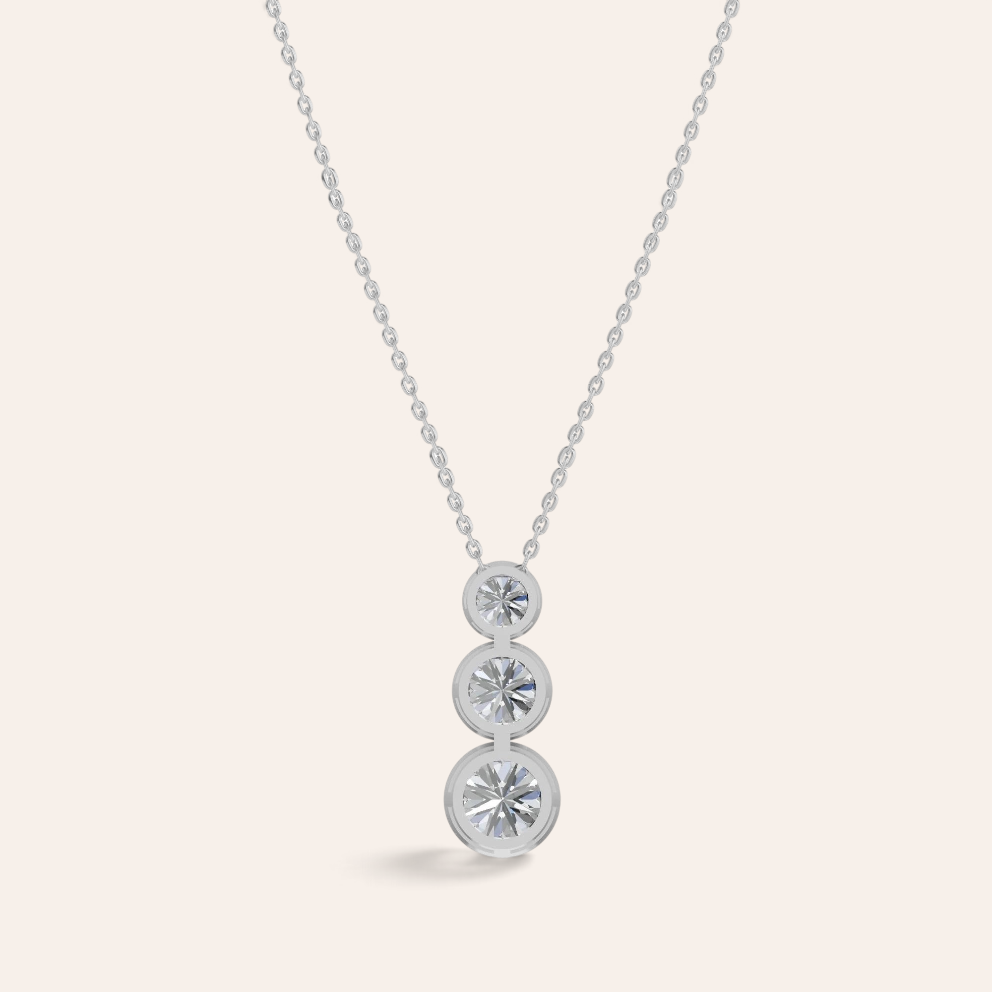 Louèn Diamonds bezel trio collier in 14k witgoud met drie lab-grown diamanten van 2.5 ct in een moderne bezelzetting.