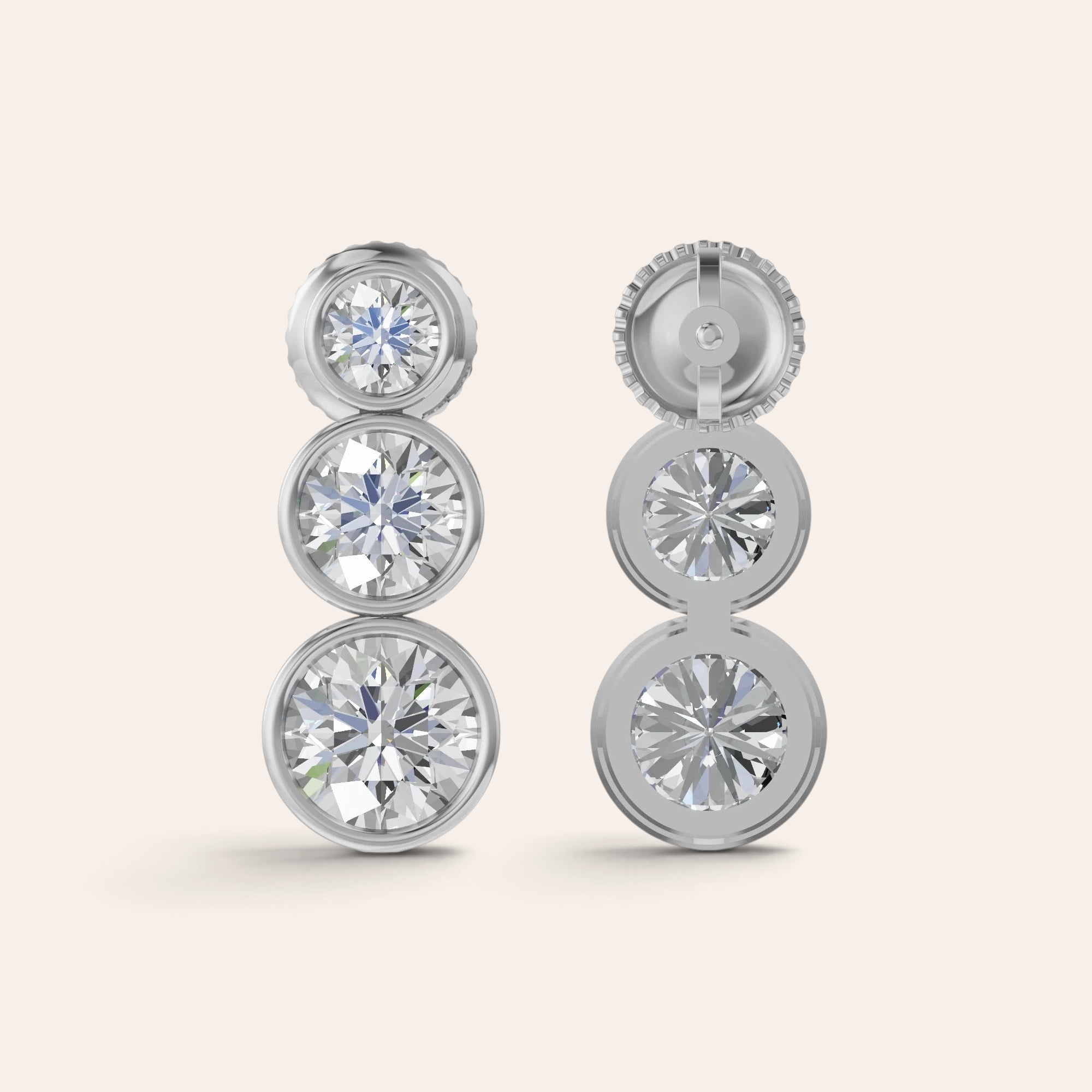 Louèn Diamonds bezel trio oorbellen van 14k witgoud met drie lab-grown diamanten per oorbel in een moderne zetting.