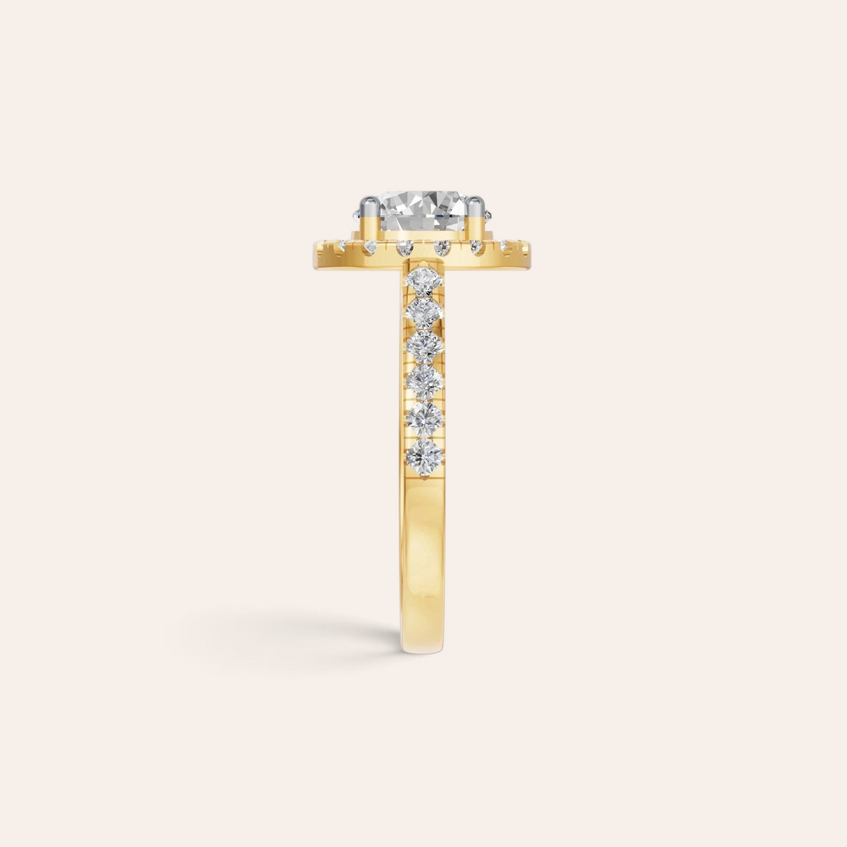 Louèn Diamonds ronde halo verlovingsring van 18 karaat goud met een pavé gezette band en 1.5 karaat centrale diamant.