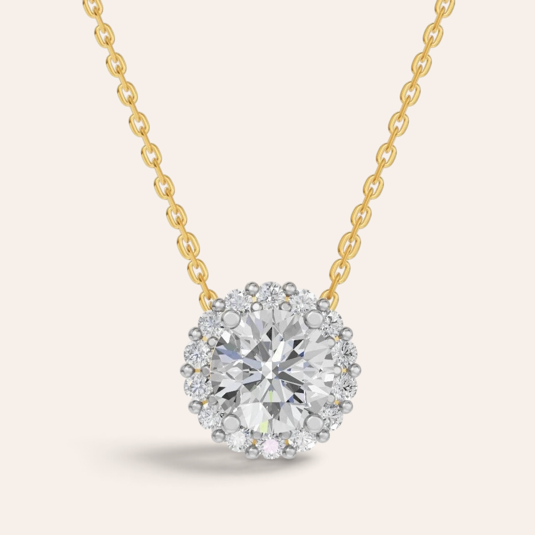 Louèn Diamonds halo collier met ronde diamant van 1.8 ct in 14k geelgoud met een verfijnde diamantzetting