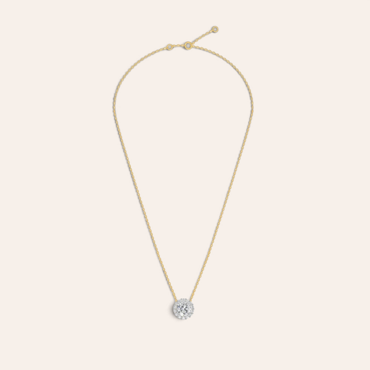 Louèn Diamonds collier van 14k geelgoud met een ronde halo hanger bezet met 1.8 ct diamanten.