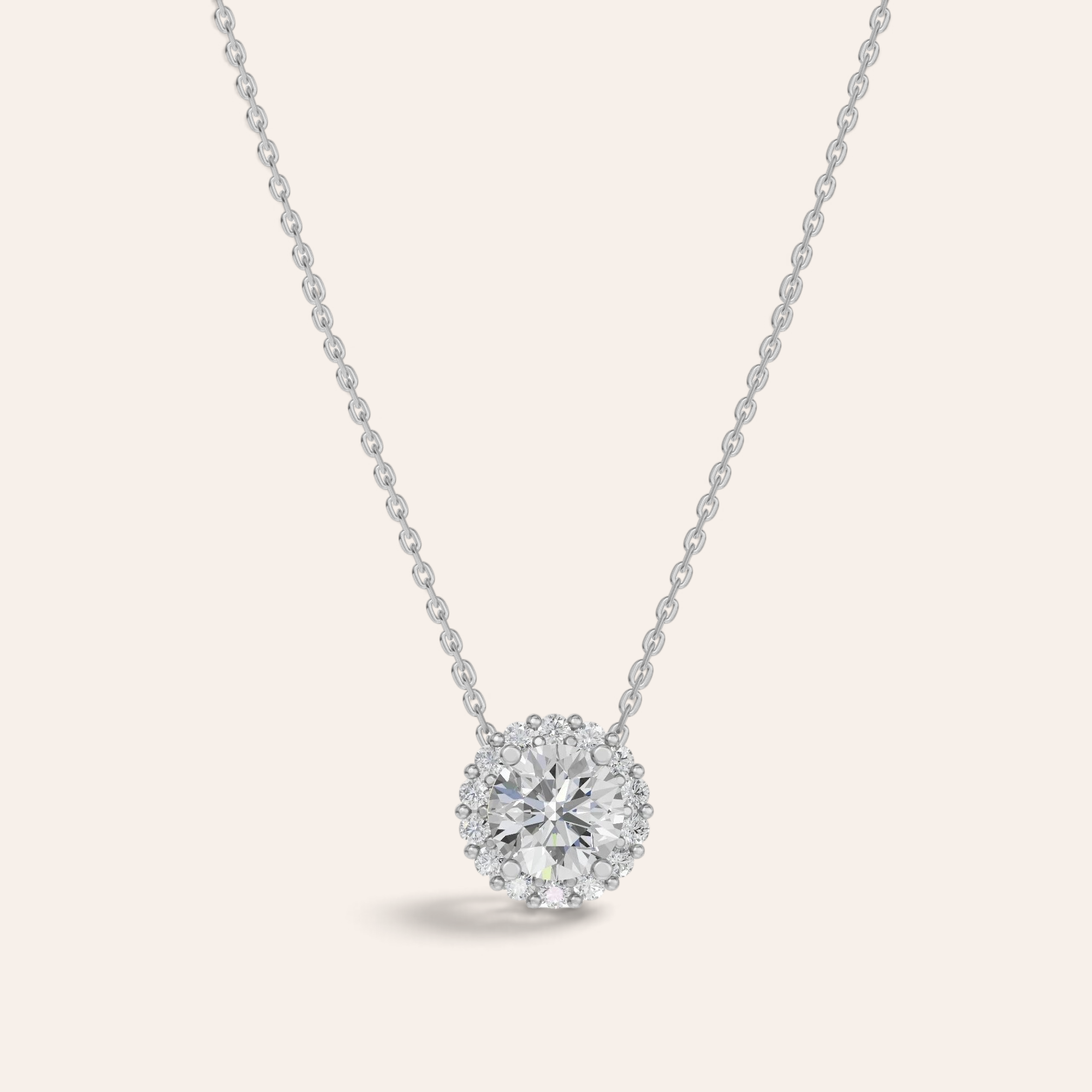 Louèn Diamonds halo collier van 14k witgoud met een ronde 1.8 ct diamant omringd door kleine fonkelende steentjes.