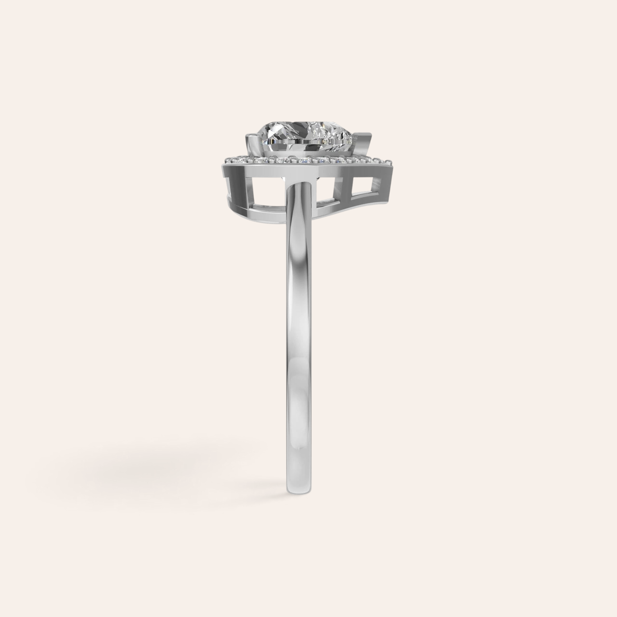 Louèn Diamonds hartvormige halo verlovingsring van 14k witgoud met 2.0 ct diamant, zijaanzicht