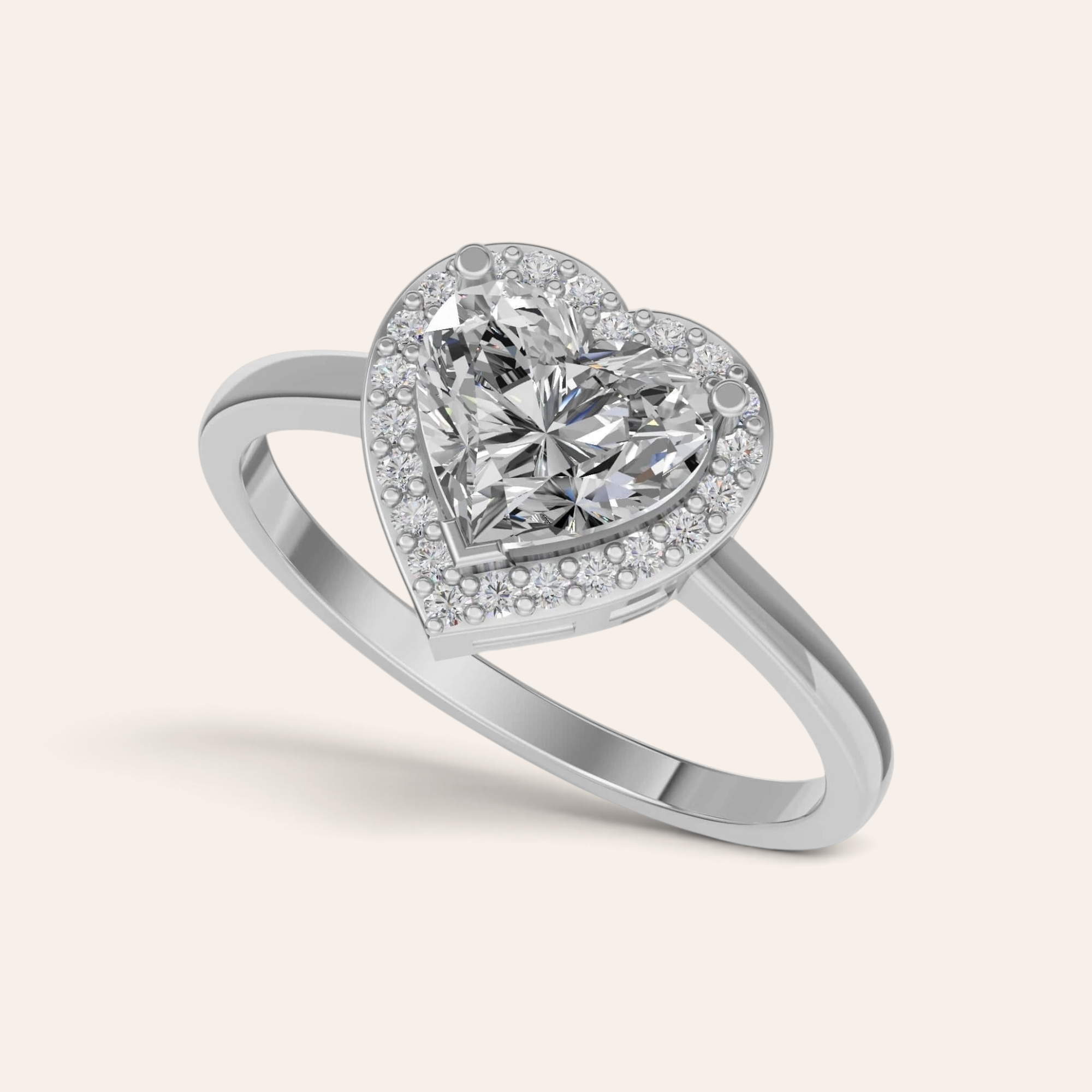 Louèn Diamonds hartvormige halo verlovingsring van 14k witgoud met een centrale diamant van 2.5 ct en kleine diamanten.