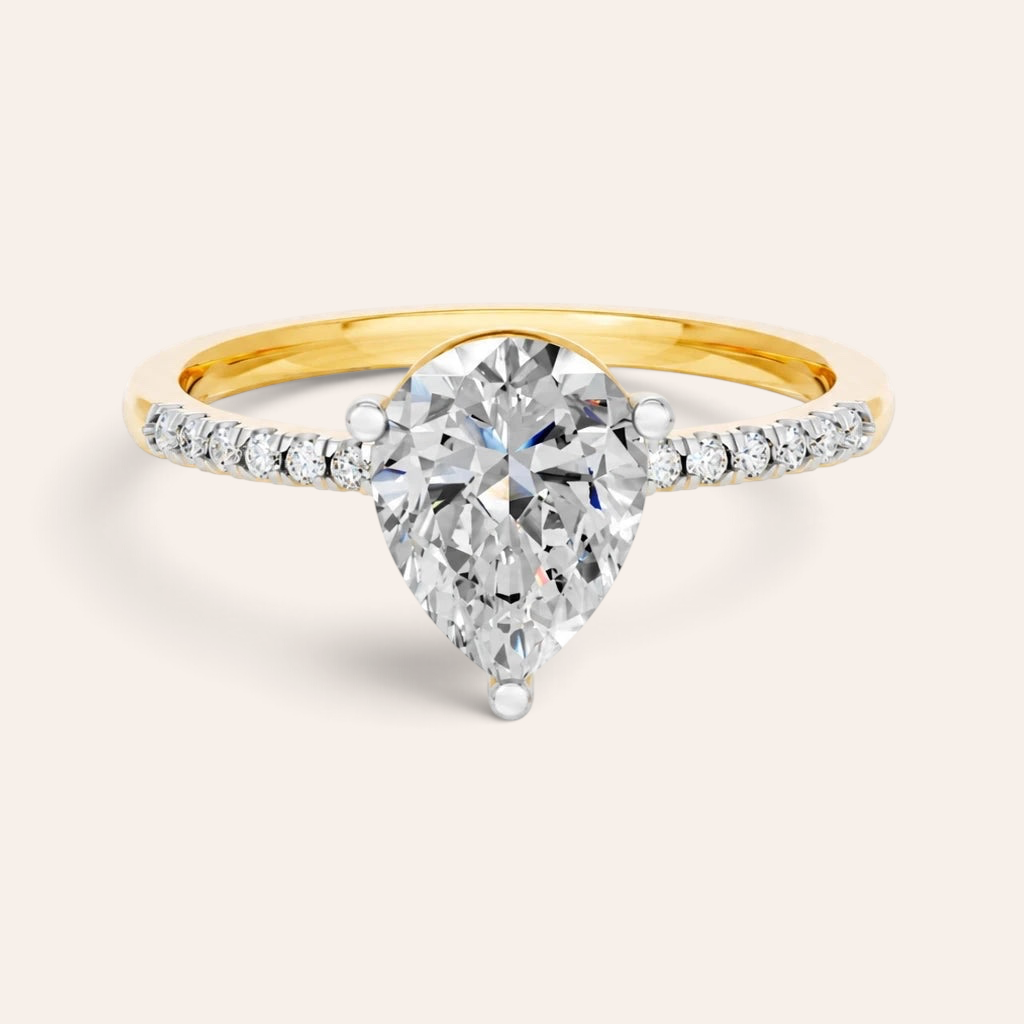Louèn Diamonds peervormige solitaire verlovingsring met 2.5 karaat diamant en pavé gezette gouden band