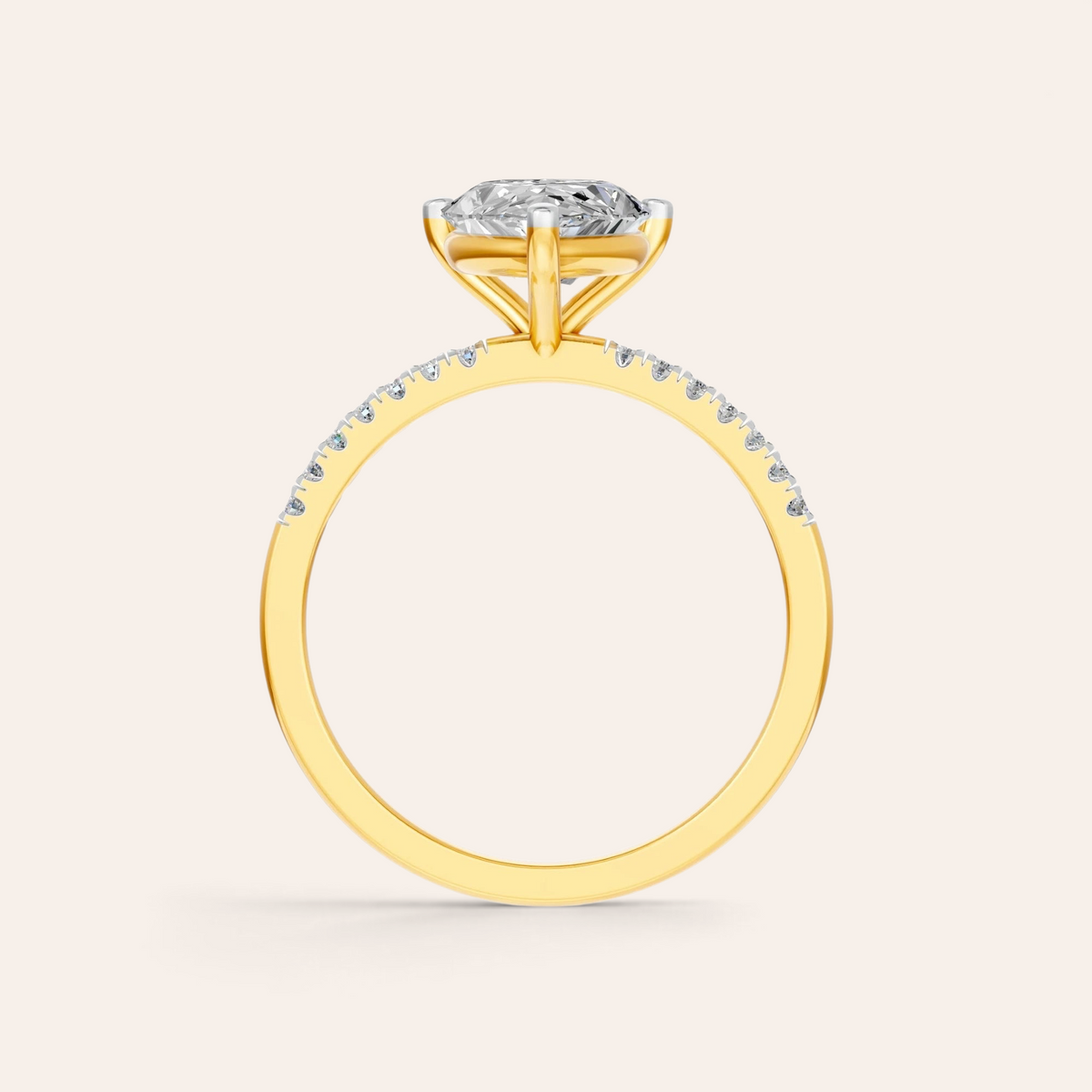 Louèn Diamonds peervormige solitaire verlovingsring van 18k goud met een pavé gezette band en 2.5 karaat diamant.