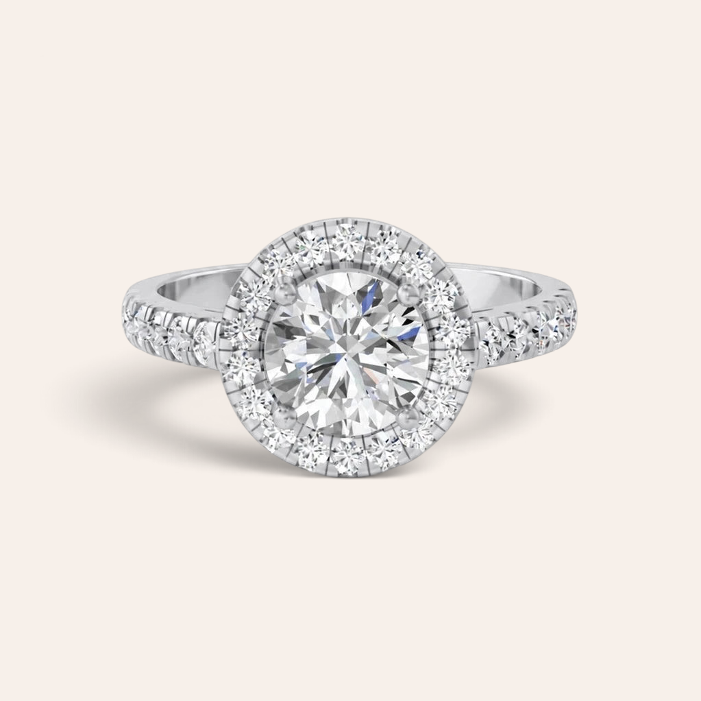 Louèn Diamonds ronde halo verlovingsring van 1.5 karaat met briljant geslepen diamant en pavé gezette ringband
