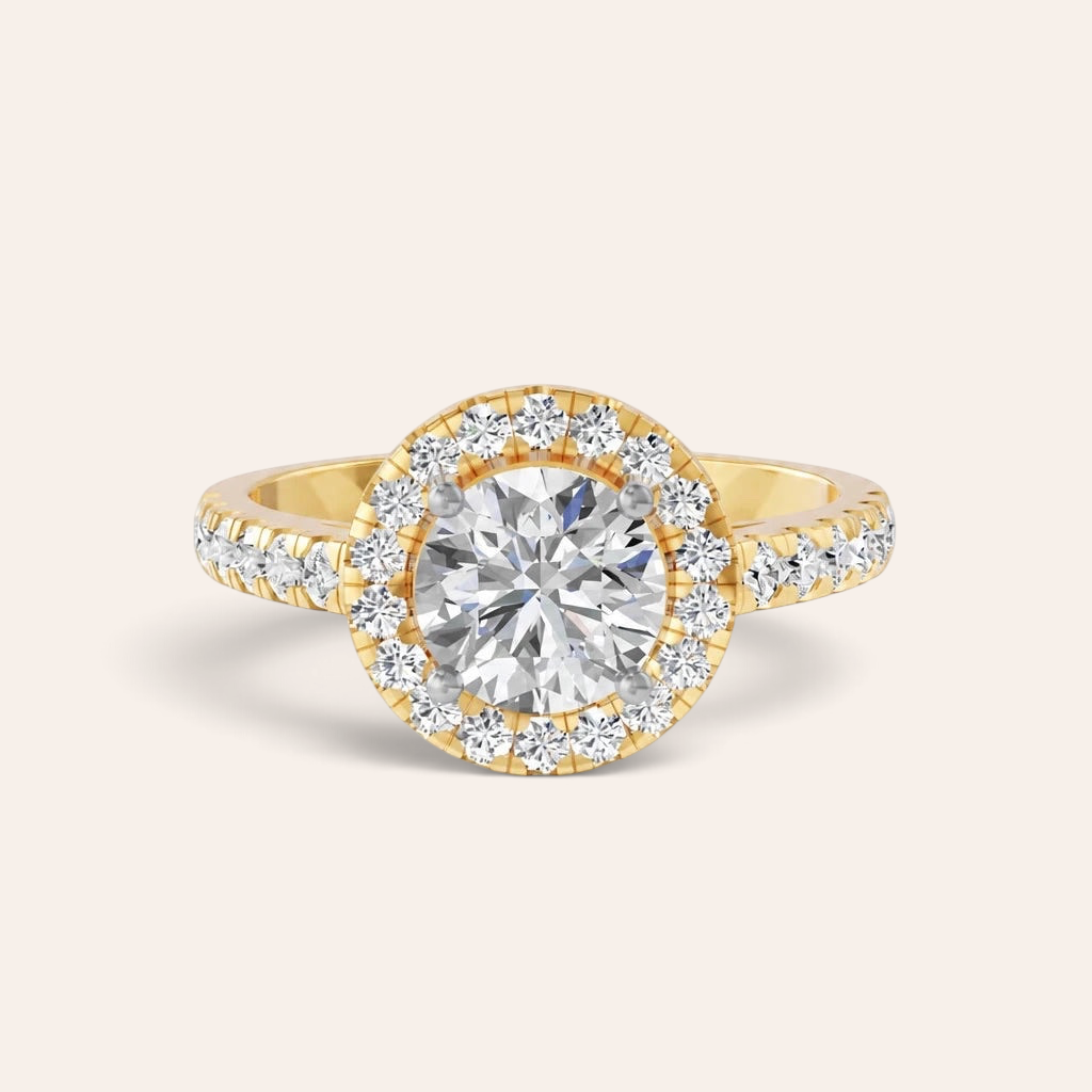 Louèn Diamonds ronde halo verlovingsring van 1.5 karaat met pavé gezette diamanten in 18 karaat geelgoud