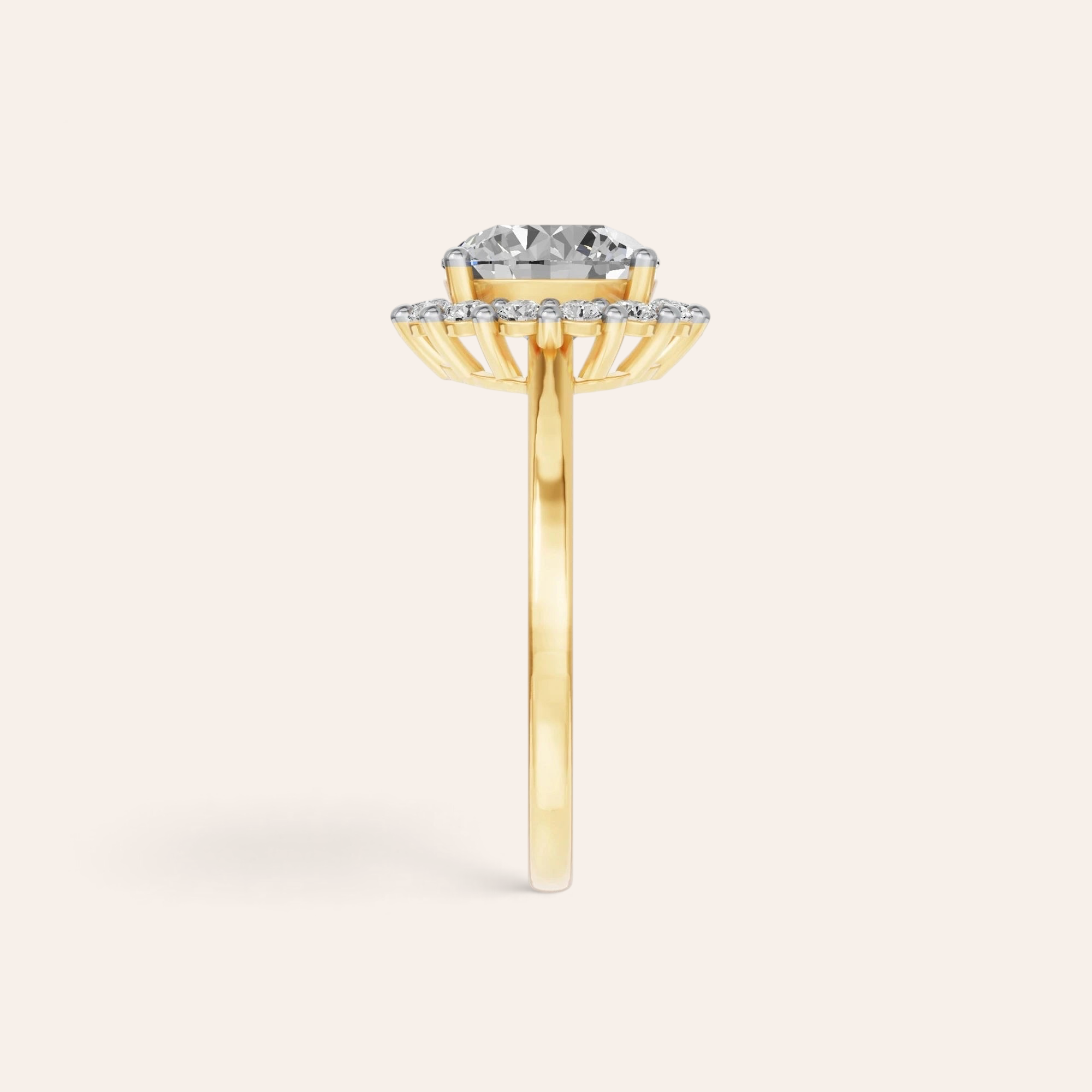 Louèn Diamonds ronde halo verlovingsring van 14k geelgoud met 1.75 ct lab grown diamant, zijaanzicht