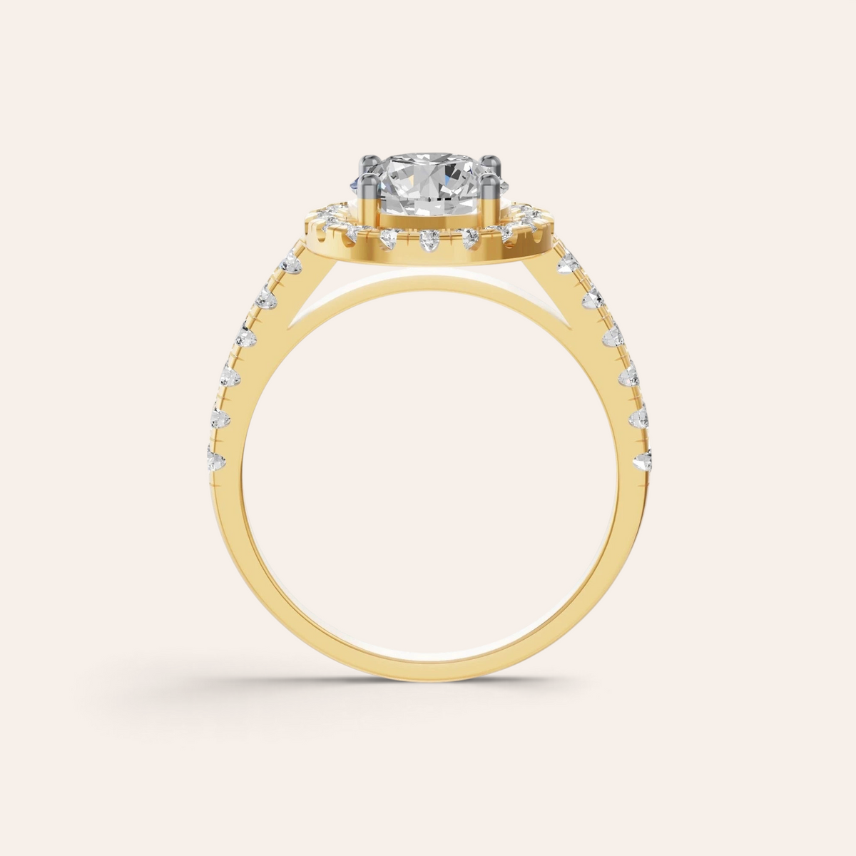 Louèn Diamonds ronde halo verlovingsring van 1.5 karaat met pavé gezette diamanten band in 18 karaat geelgoud
