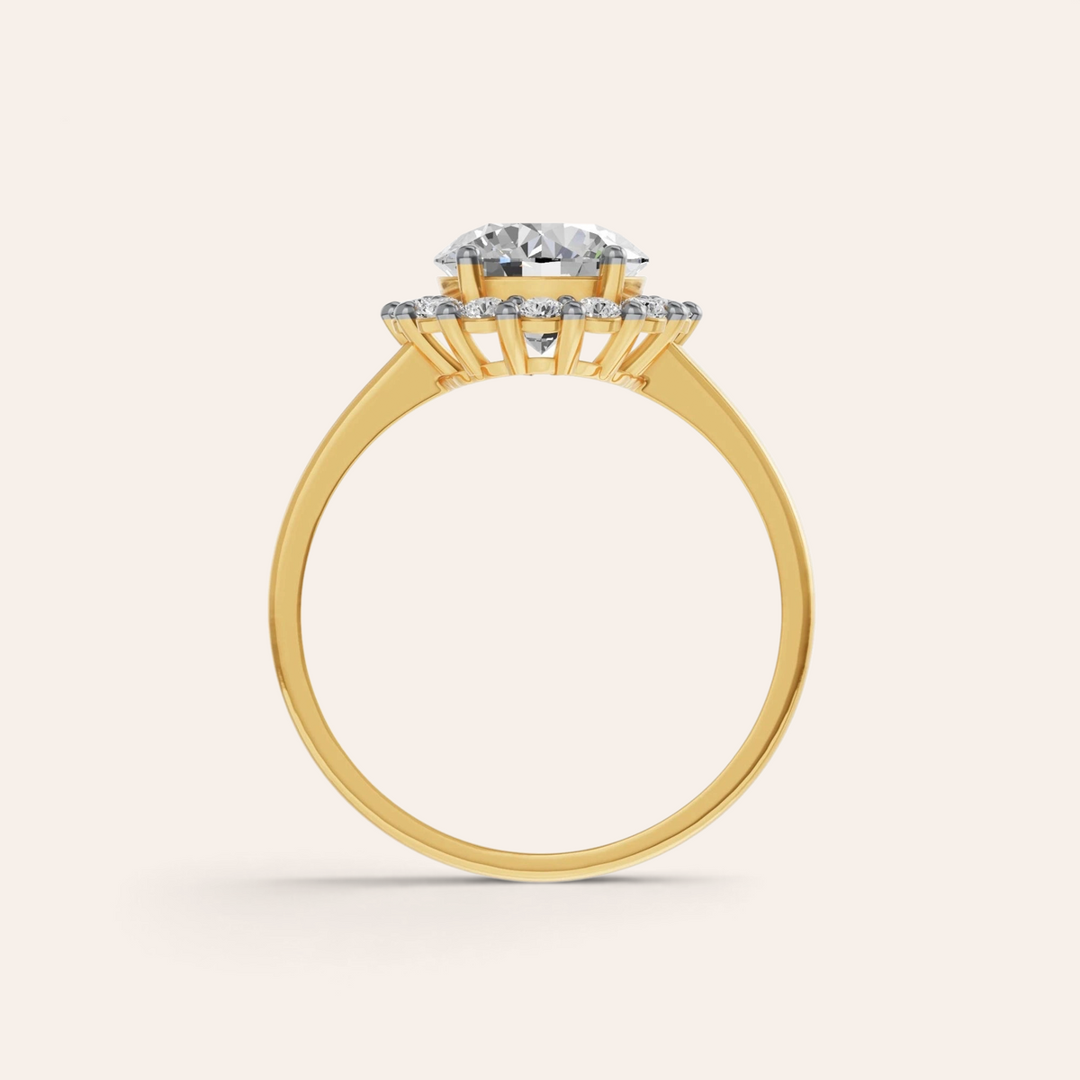 Louèn Diamonds ronde halo verlovingsring van 14k geelgoud met een 1.75 ct lab grown diamant, zijaanzicht.