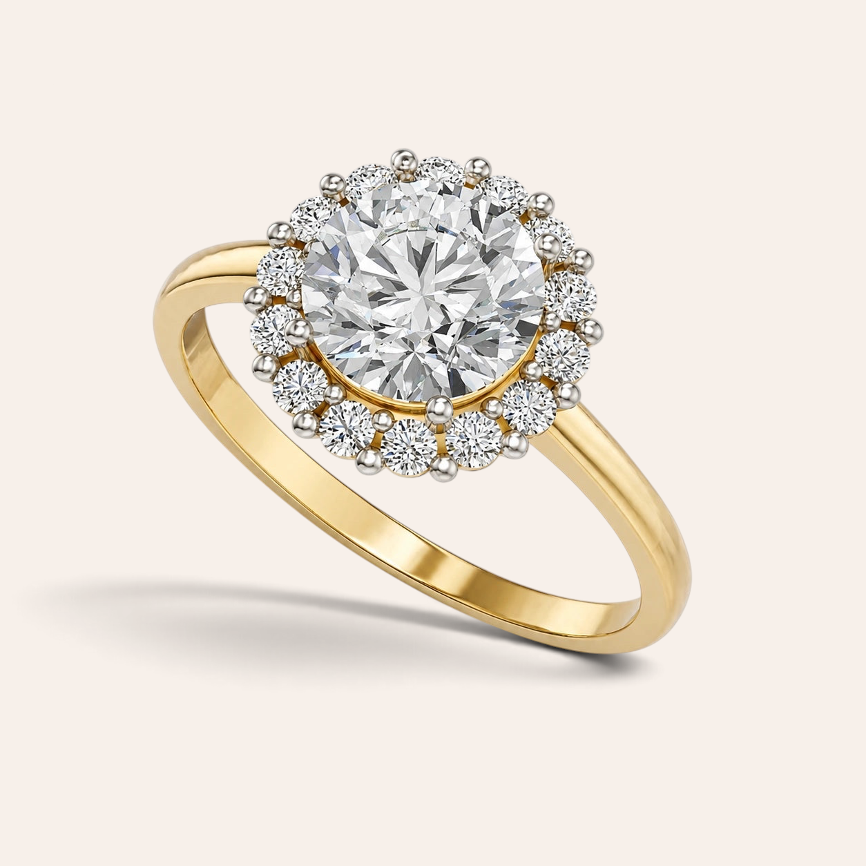 Louèn Diamonds 14k geelgouden verlovingsring met ronde 1.75 ct lab grown diamant in een verfijnde halo zetting.