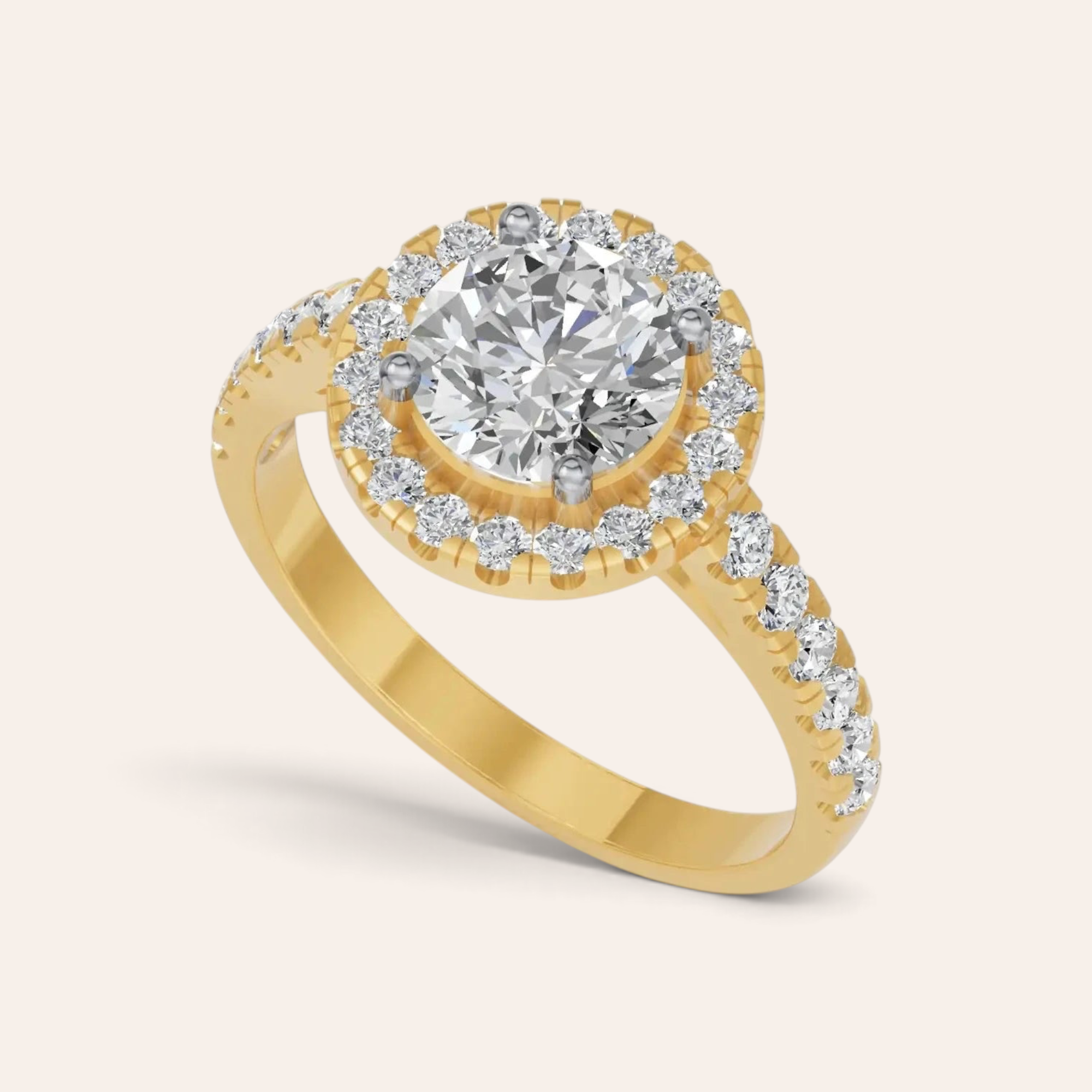 Louèn Diamonds ronde halo verlovingsring van 1.5 karaat met diamanten pavé band in 18 karaat geelgoud