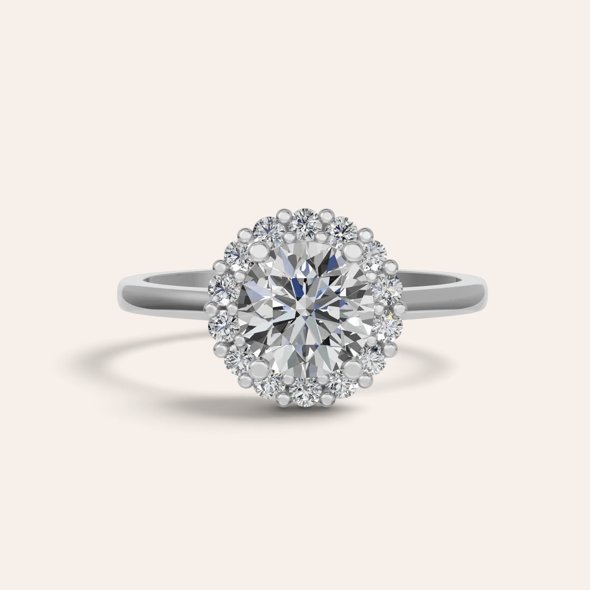 Louèn Diamonds ronde halo verlovingsring van 14k witgoud met een 1.5 ct lab-grown diamant in een klassieke zetting.