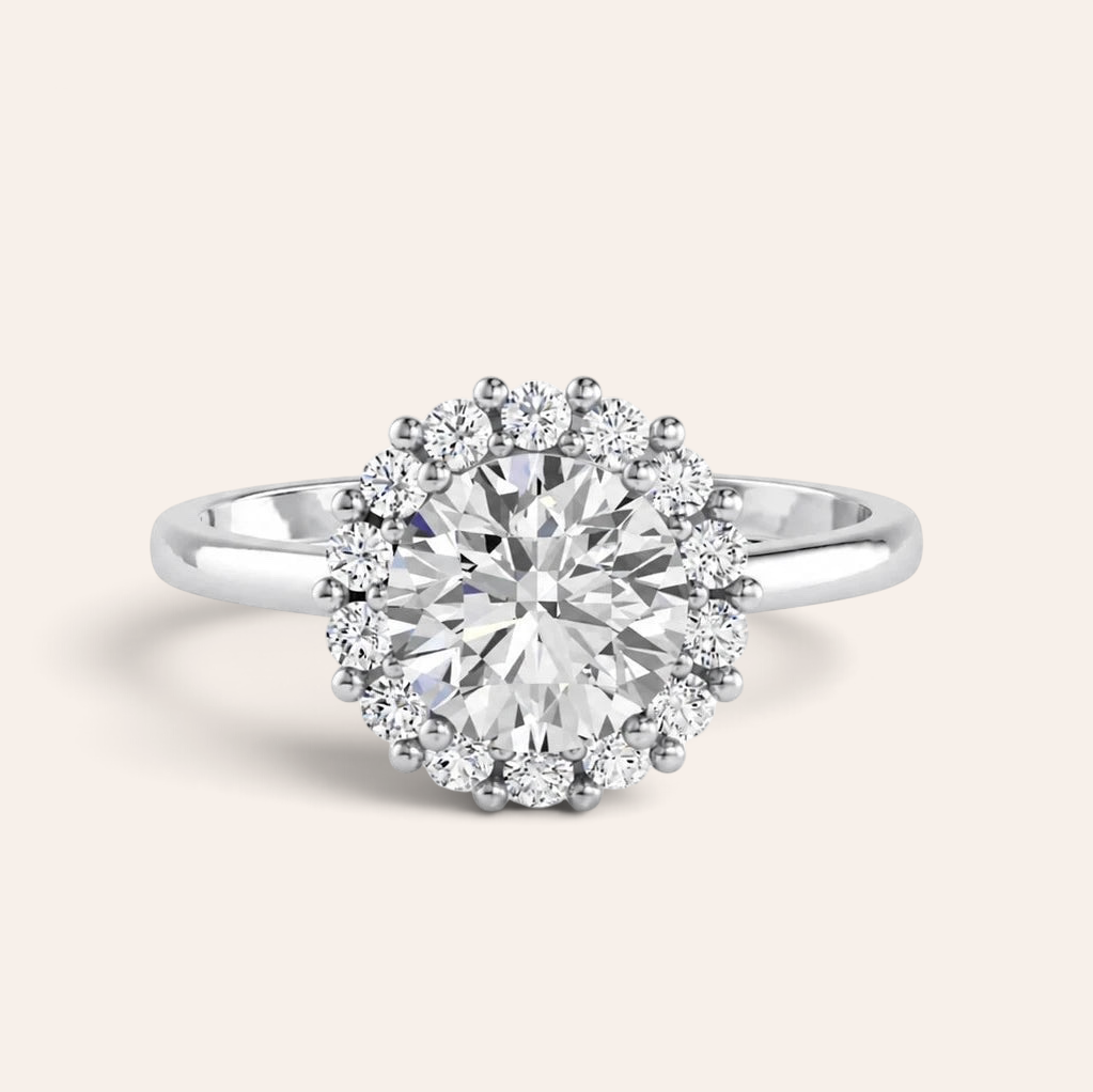 Louèn Diamonds ronde halo verlovingsring van 14k witgoud met een 1.75 ct lab grown diamant in een schitterende zetting.