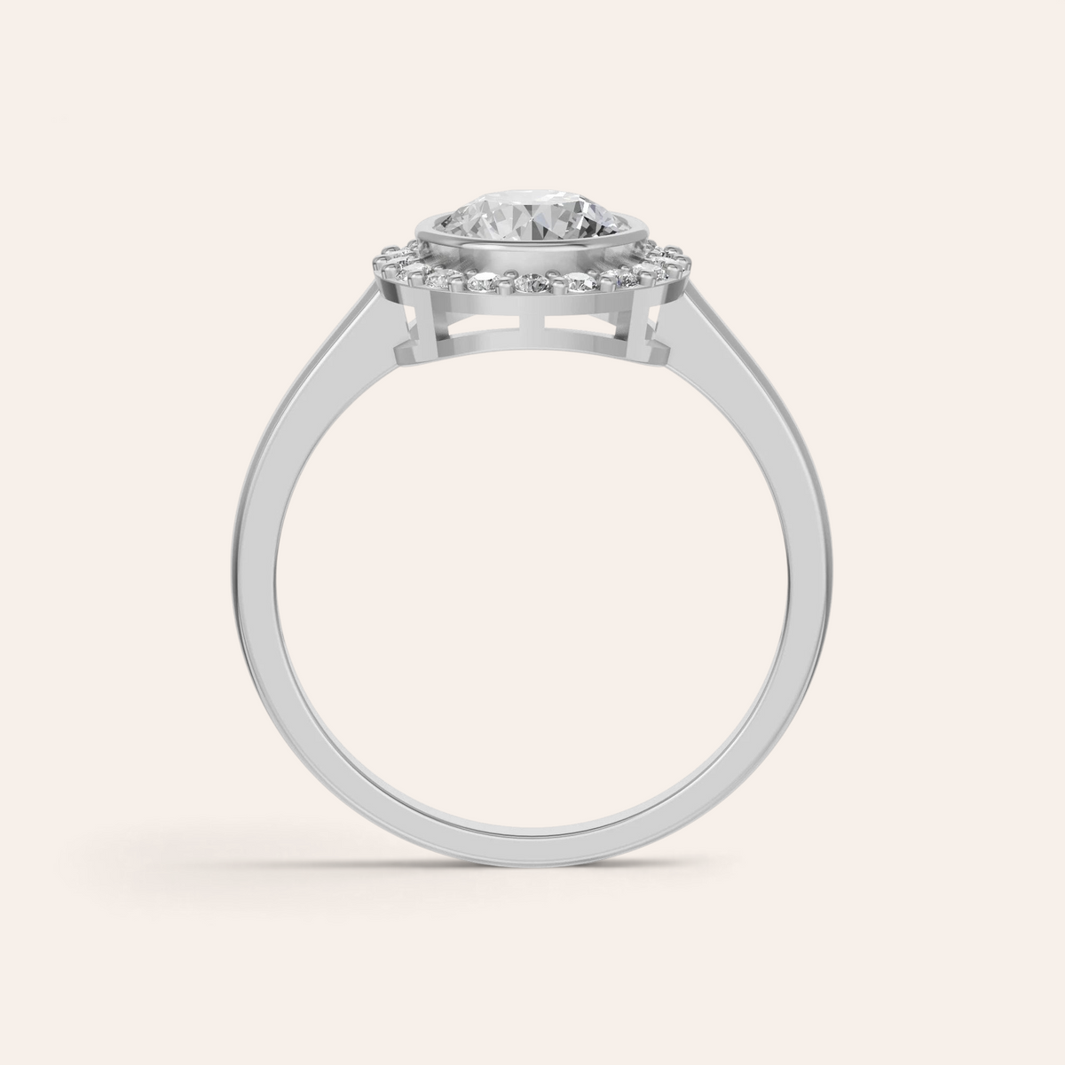 Louèn Diamonds ronde halo verlovingsring van 14k witgoud met een 1.5 ct lab grown diamant in zijaanzicht.